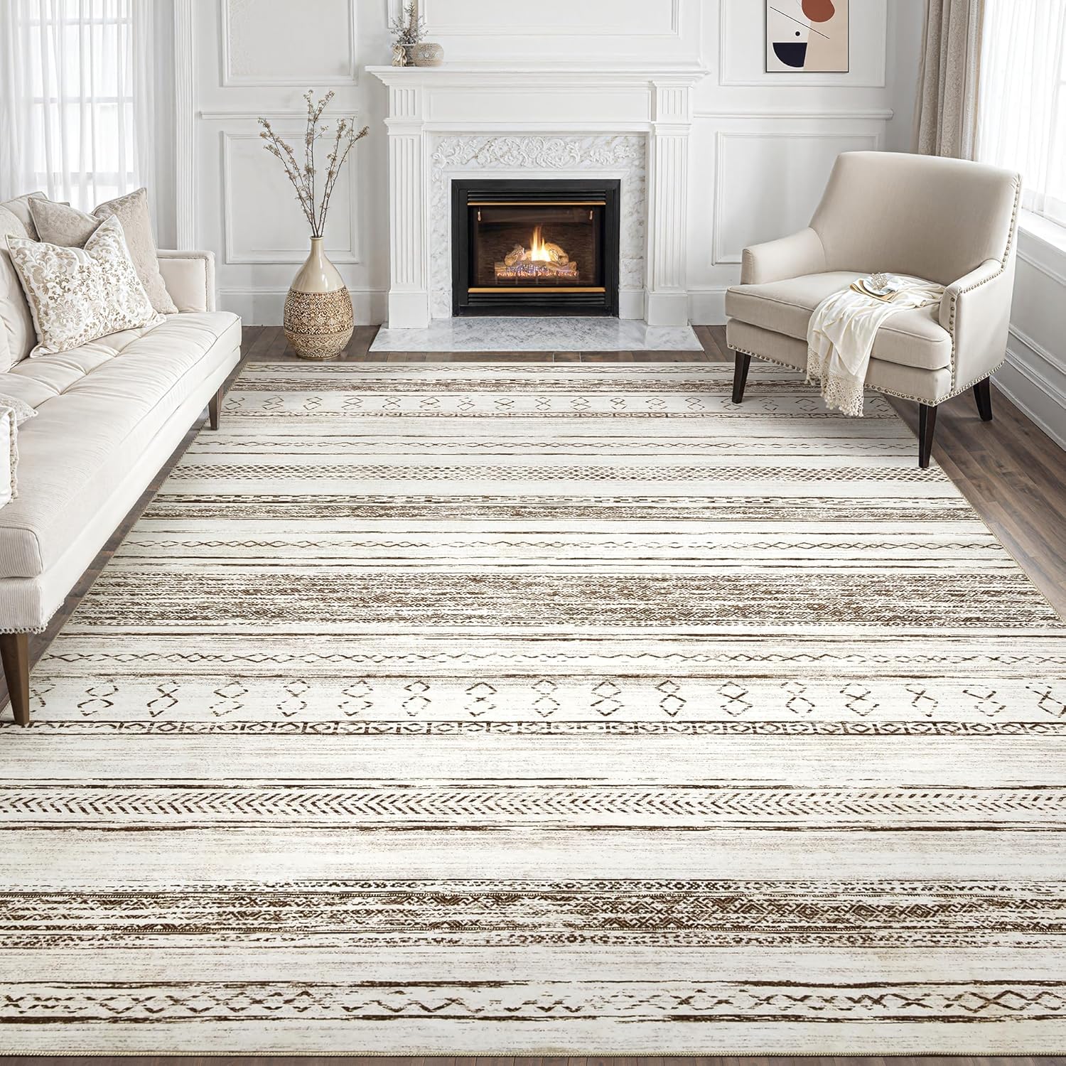 Area Rug Living Room Rugs - 8x10 Washable Large Soft Neutral Boho Moroccan Bohem...