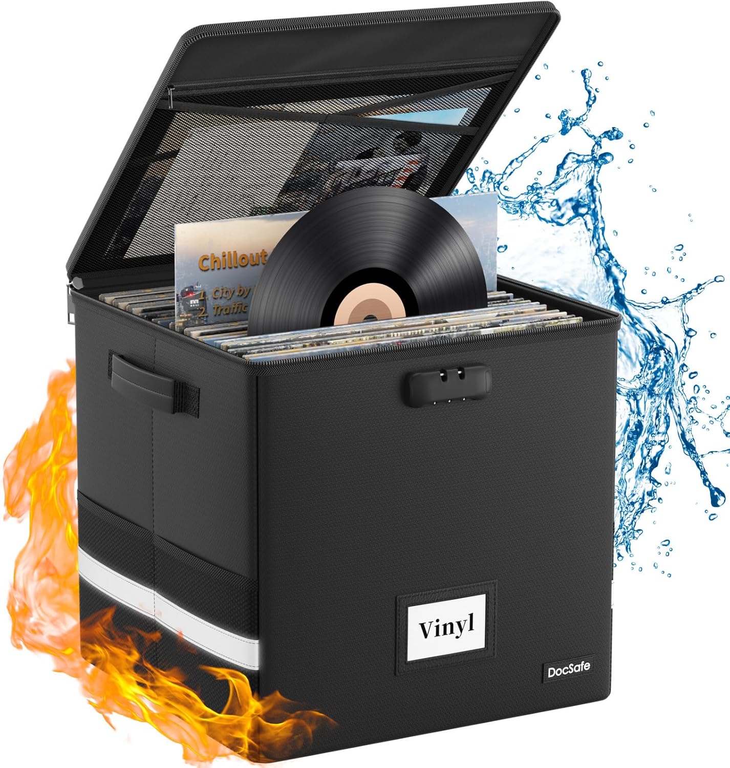 DocSafe Vinyl Record Storage Box with Lock,Fireproof＆Water Resistant Record Org...