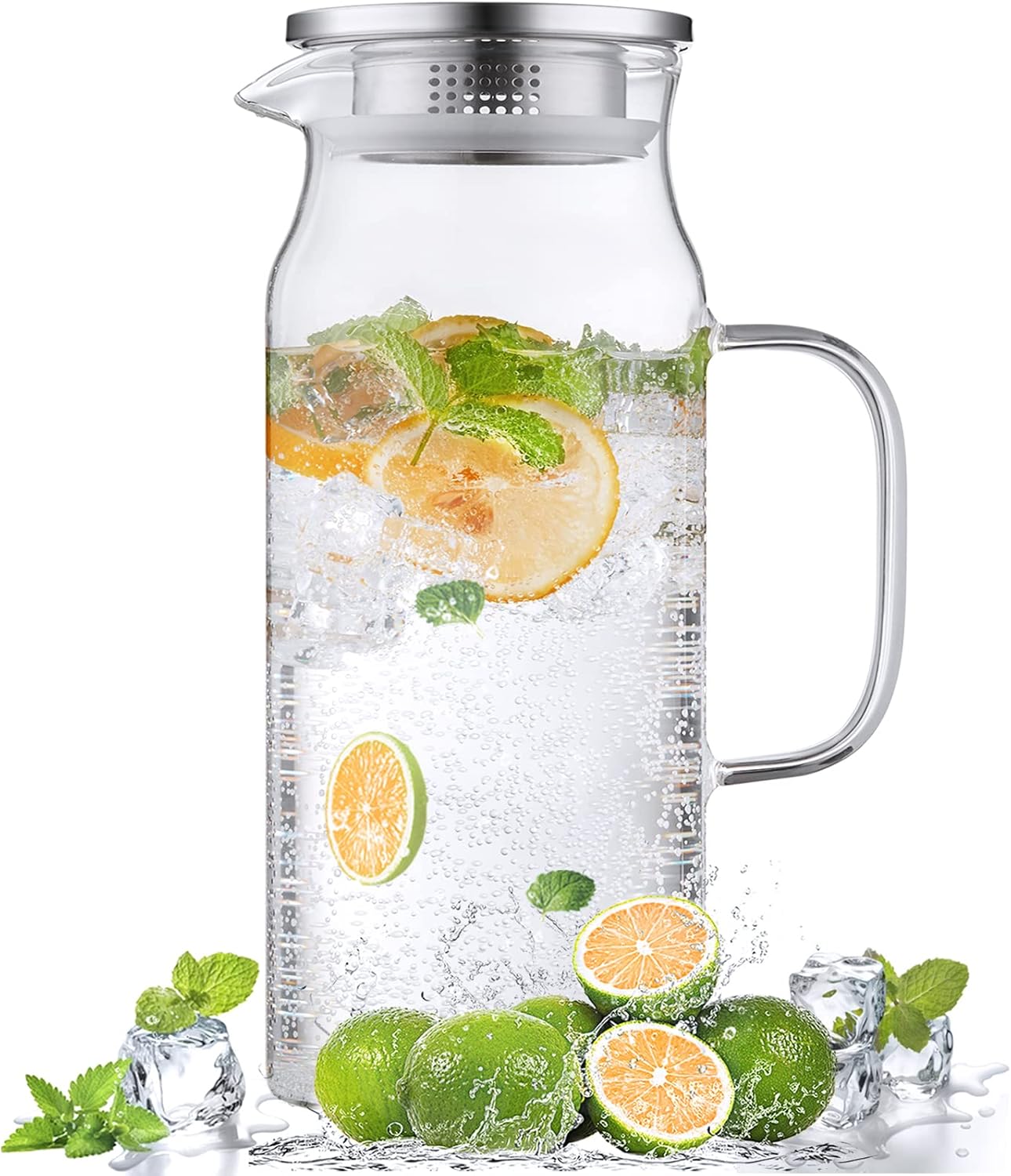 2 Liter 68 oz Glass Pitcher with Lid and Spout, Bi...