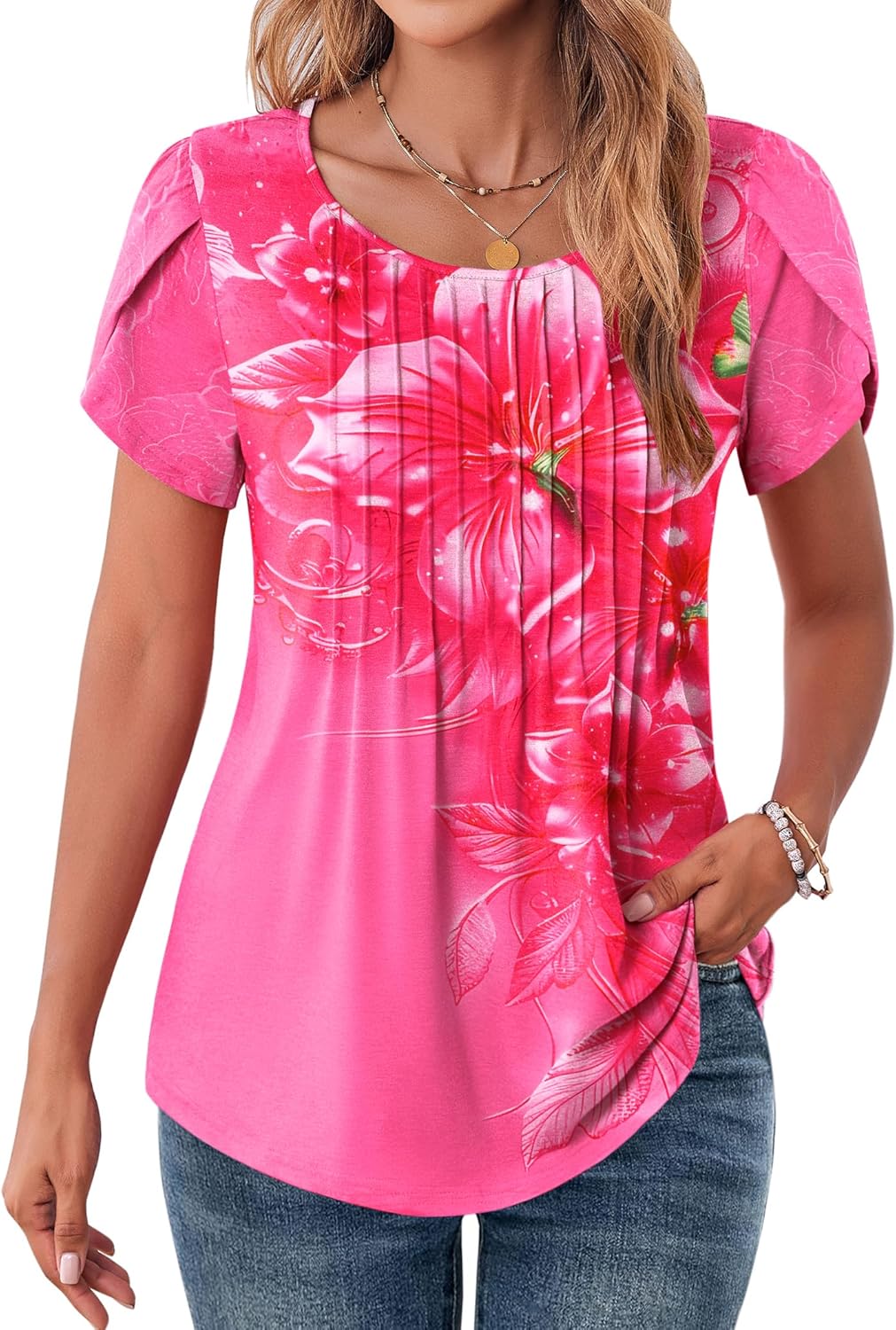 Zeagoo Womens Tops Petal Short Sleeve Summer Casual Crew Neck Shirts Floral Soli...