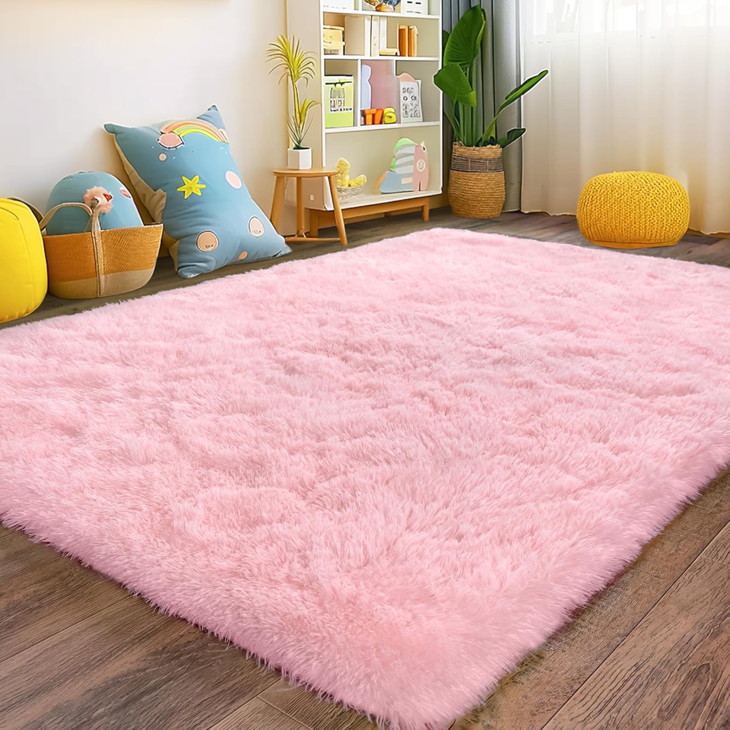 Fluffy Pink Area Rug for Bedroom Girls, 5x7 Soft Fuzzy Plush Shag Rug for Living...