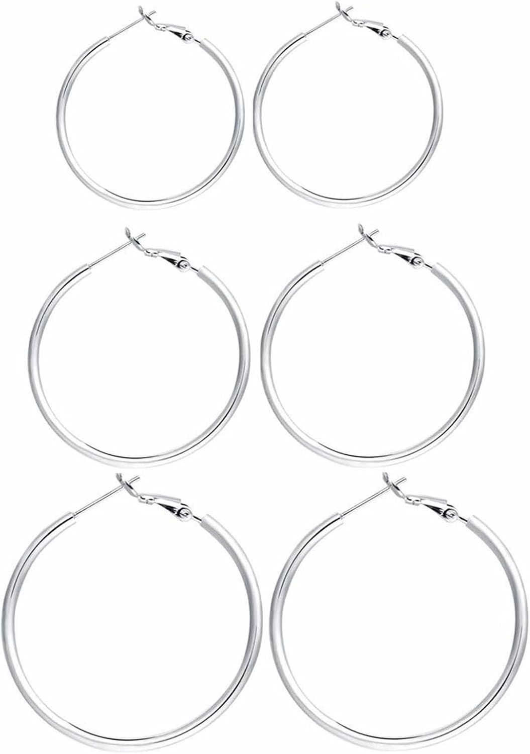 3 Pairs Sterling Silver Hoop Earrings, 14K White Gold Plated Big Hoop Earrings S...
