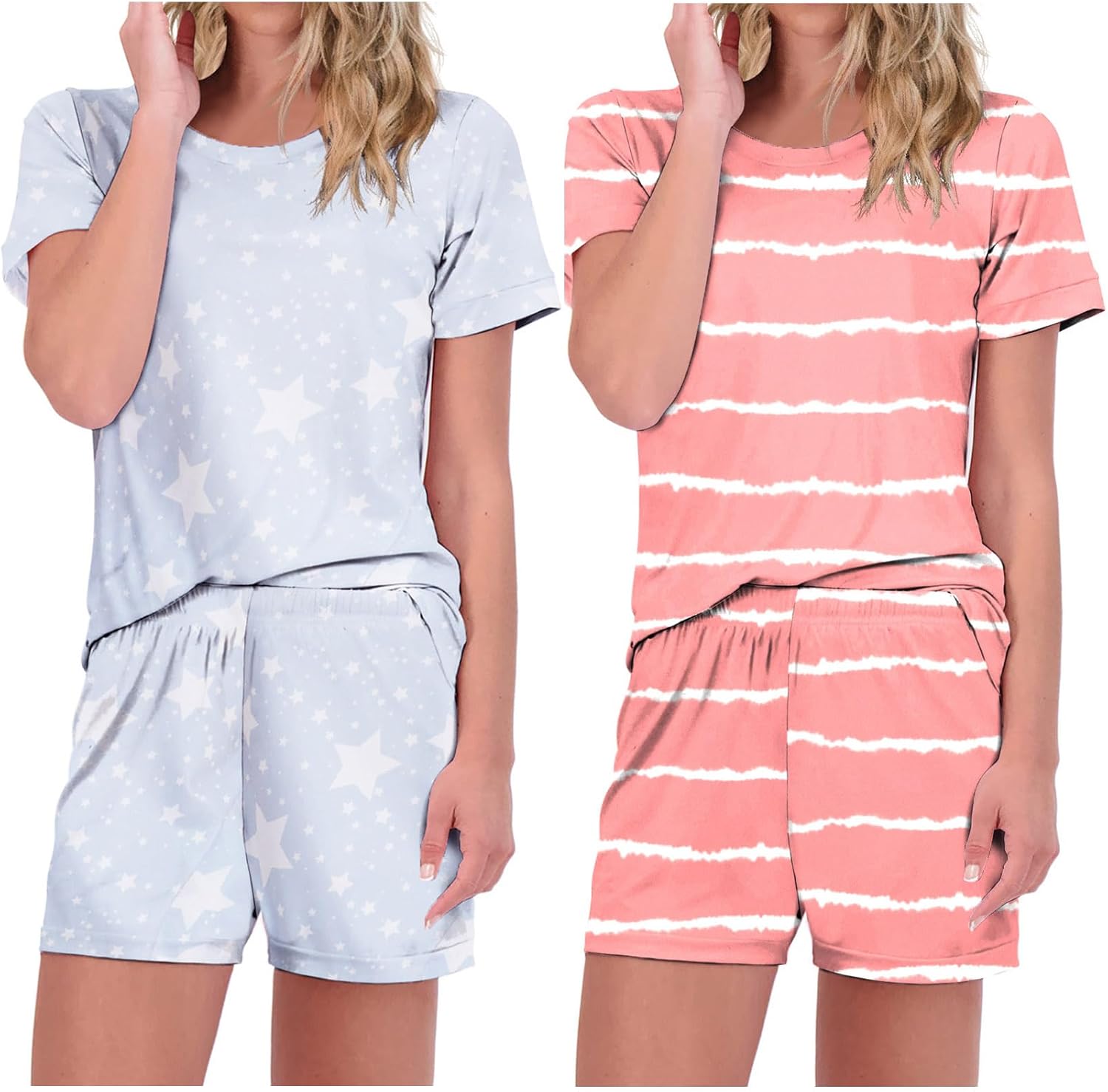 Ekouaer 2 Pack Pajamas Short Sleeve Top with Shorts Sets Comfy Pjs Lounge Sets S...