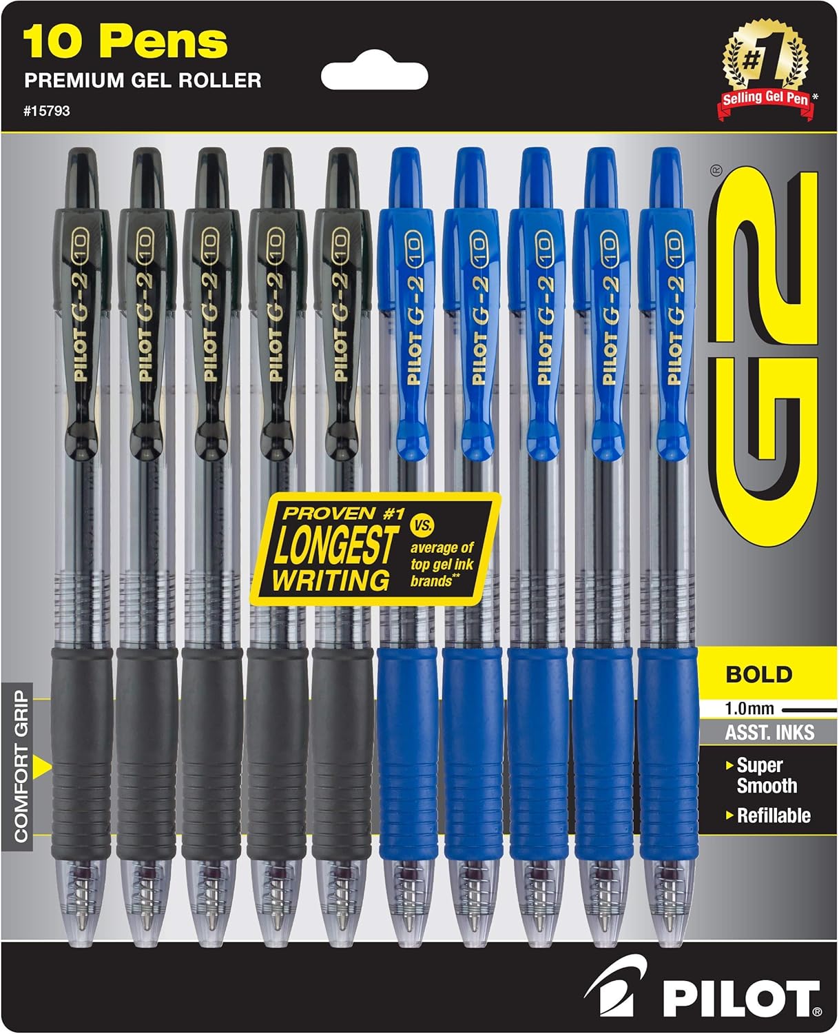 PILOT G2 Pens 1.0 mm - 10 Pack of 5 Blue and 5 Black Pens Ballpoint Bold Point,...