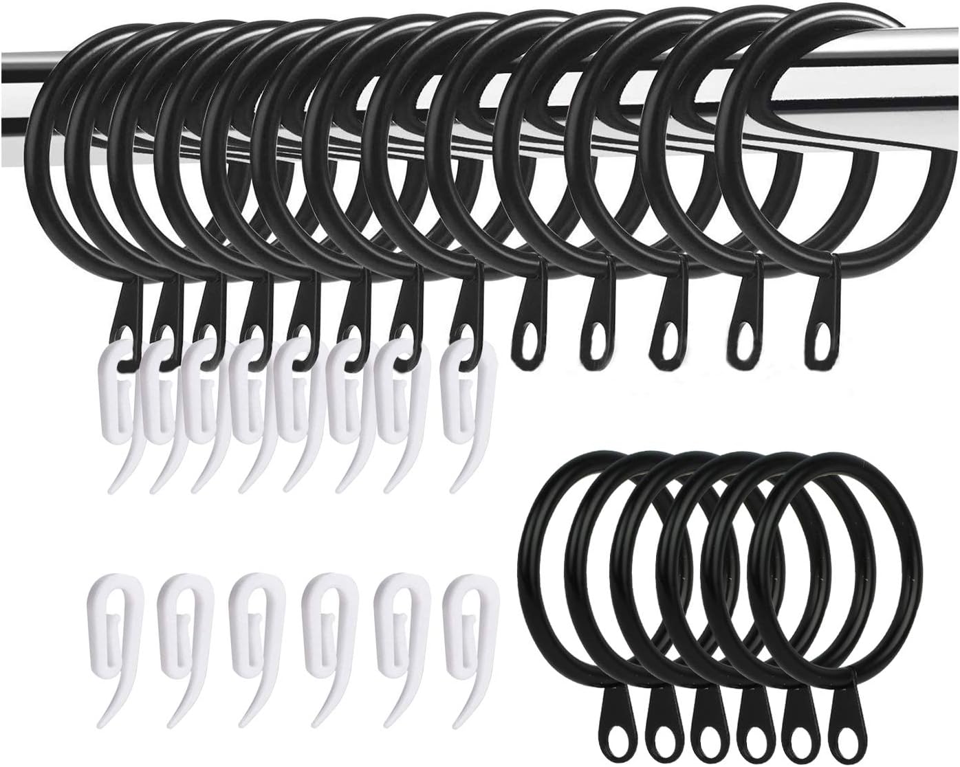WOVTE 50 Pack Curtain Rings and Hooks, 30mm Metal Drapery Curtain Rings Hanging...