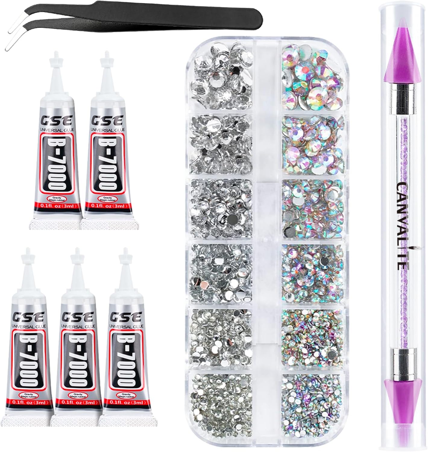 Canvalite 2784PCS Rhinestones with 5Pcs 3ml B7000 rhinestone glue,6 Sizes Flat B...