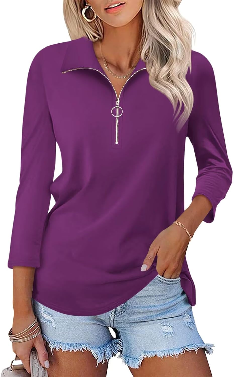 Minetom Women's V Neck 3/4 Sleeve Tops Quarter Zip Collared Shirts Polo Shirts S...