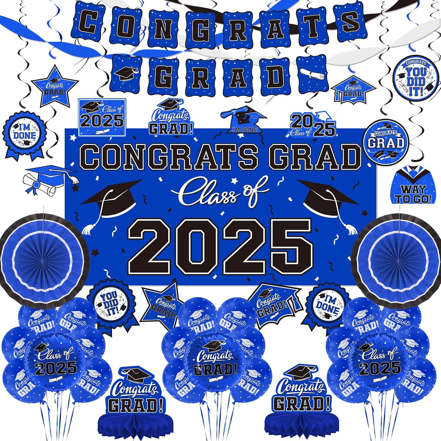 Blue Themed 2025 Graduation Decorations Set - Congrats Grad Banner, Class of 202...