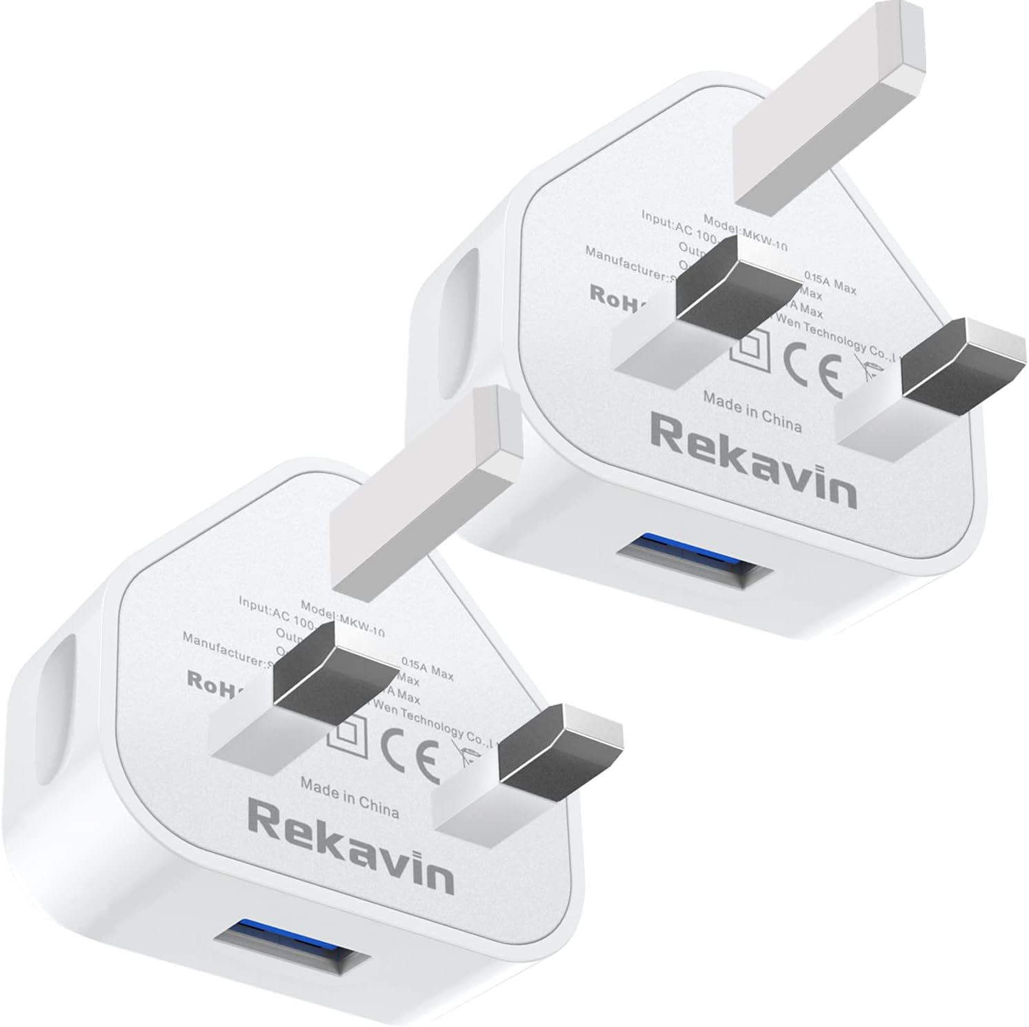 2 Pack USB Plug UK 3 Pin Mains Charger,Rekavin USB Wall Charger Plug Adapter UK...