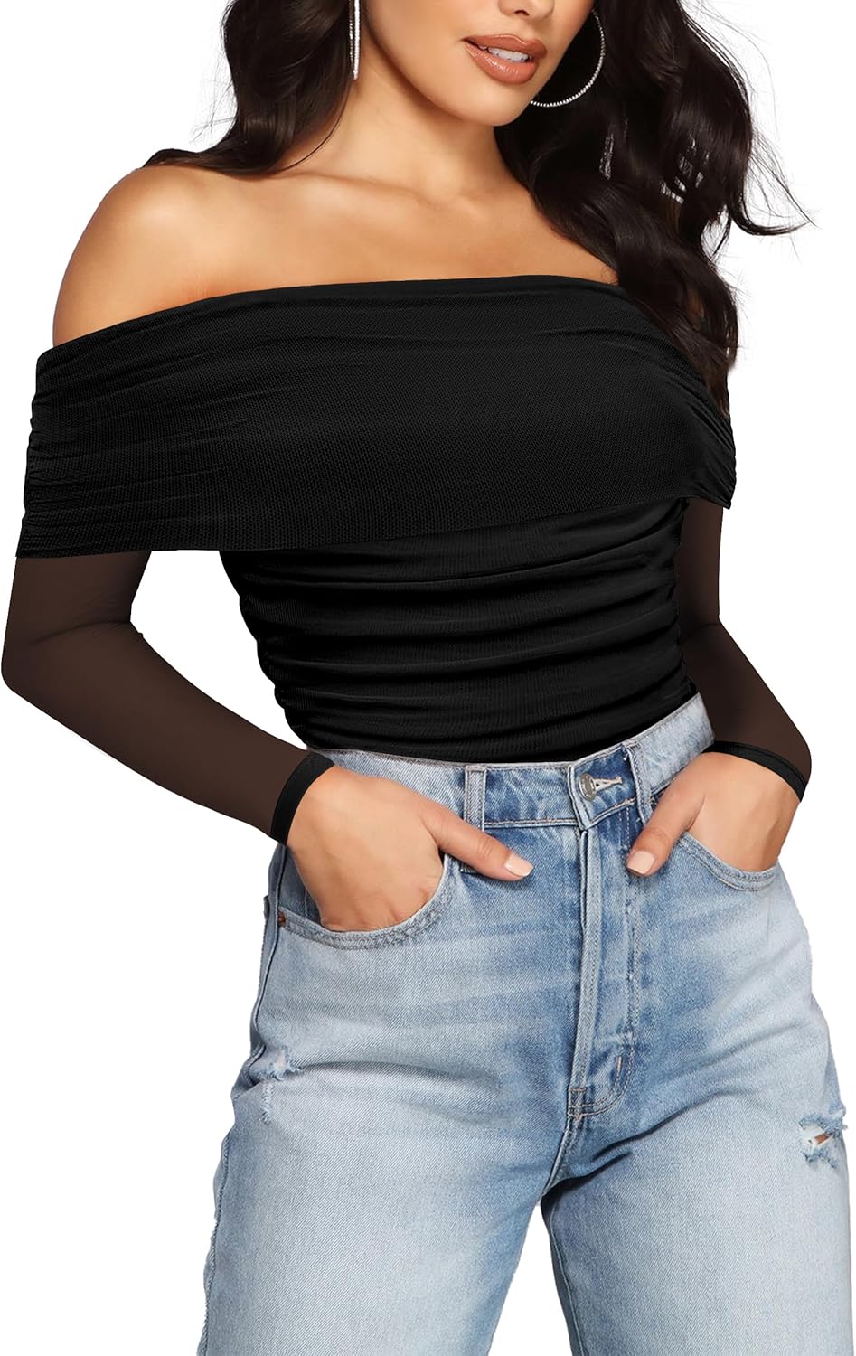 SAUNGKUAI Women's Off The Shoulder Long Sleeve Bodysuit Sexy Slimming Body Suit...