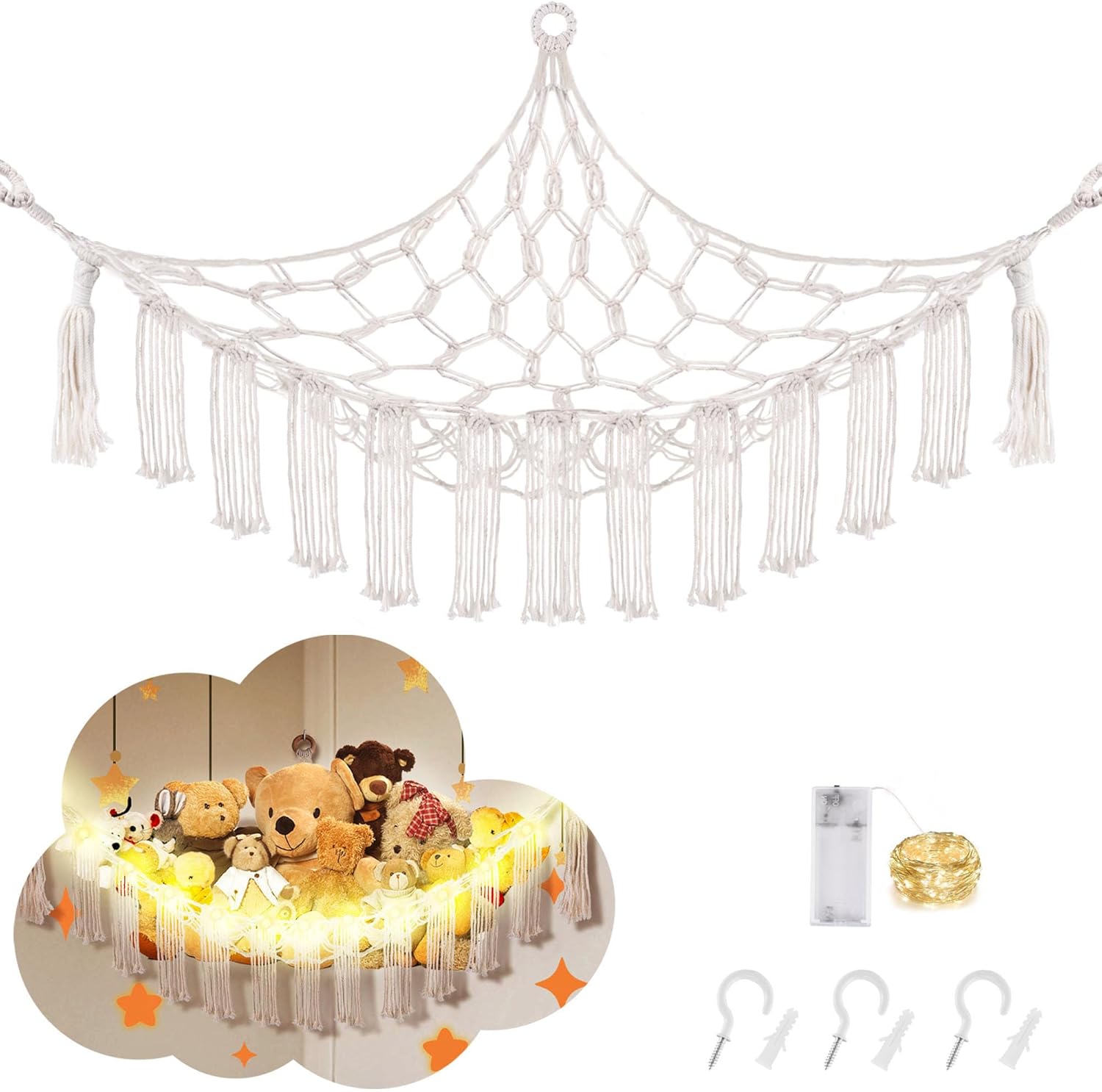 Macrame Hanging Net Hammock for Stuffed Animals with LED Light - Corner Toy Stor...