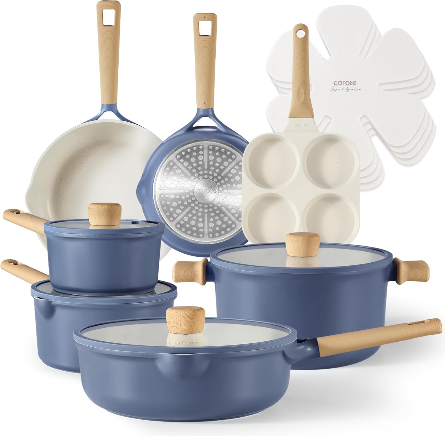 CAROTE 15Pcs Pots and Pans Set Non Stick, Kitchen Cookware Sets Nonstick, Blue,...