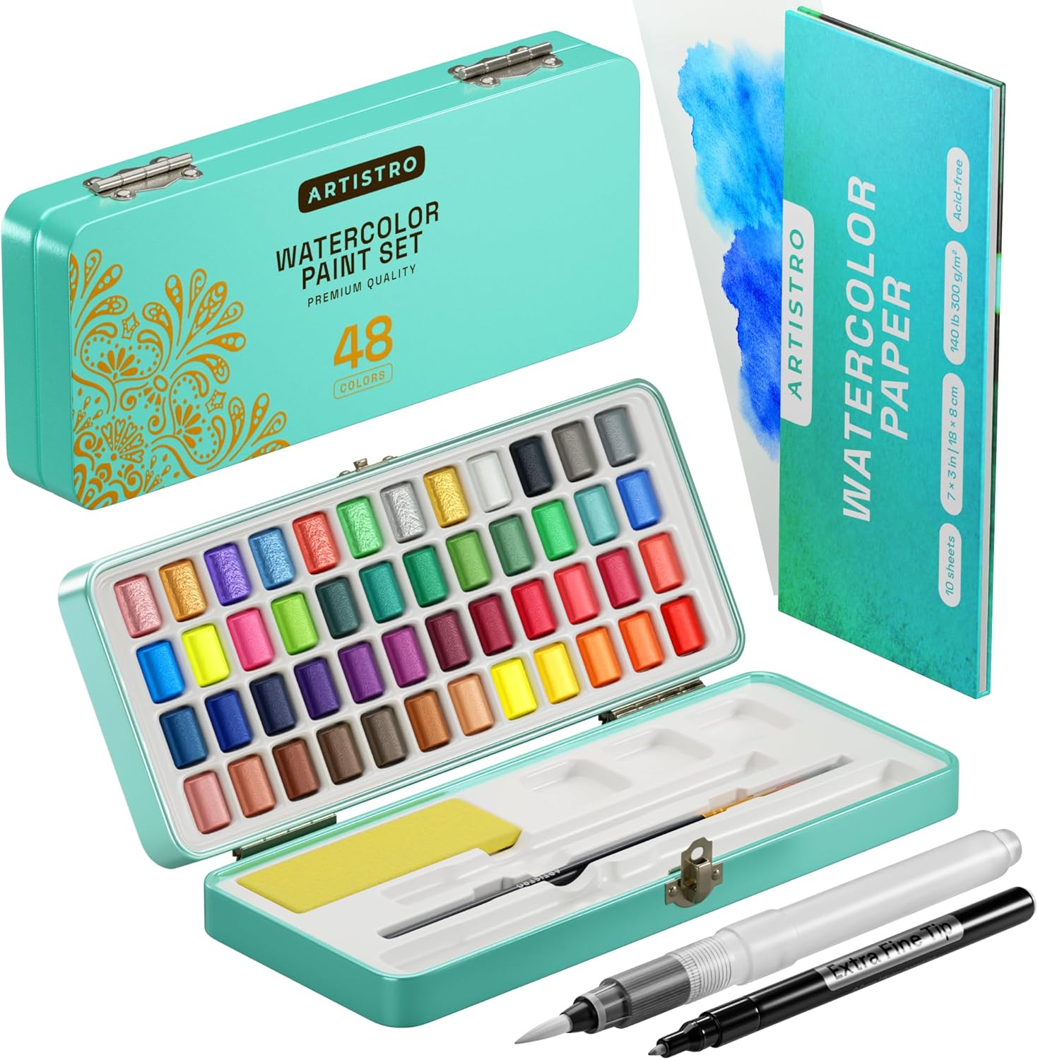 ARTISTRO Watercolor Paint Set, 48 Vivid Colors in Portable Box, Palette set, Inc...