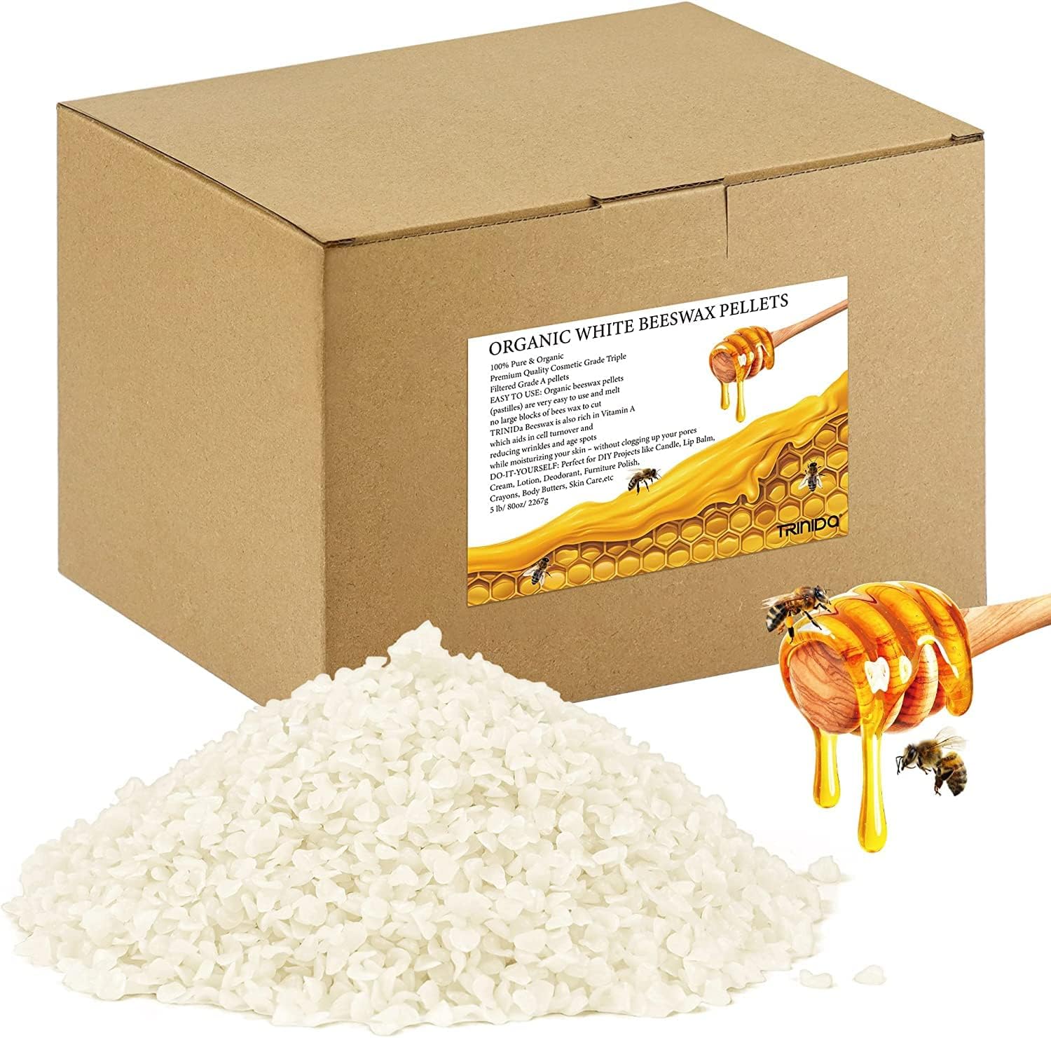 TRINIDa Beeswax Pellets 2.26kg, White Bees Wax for DIY Candles, Beeswax for Cand...