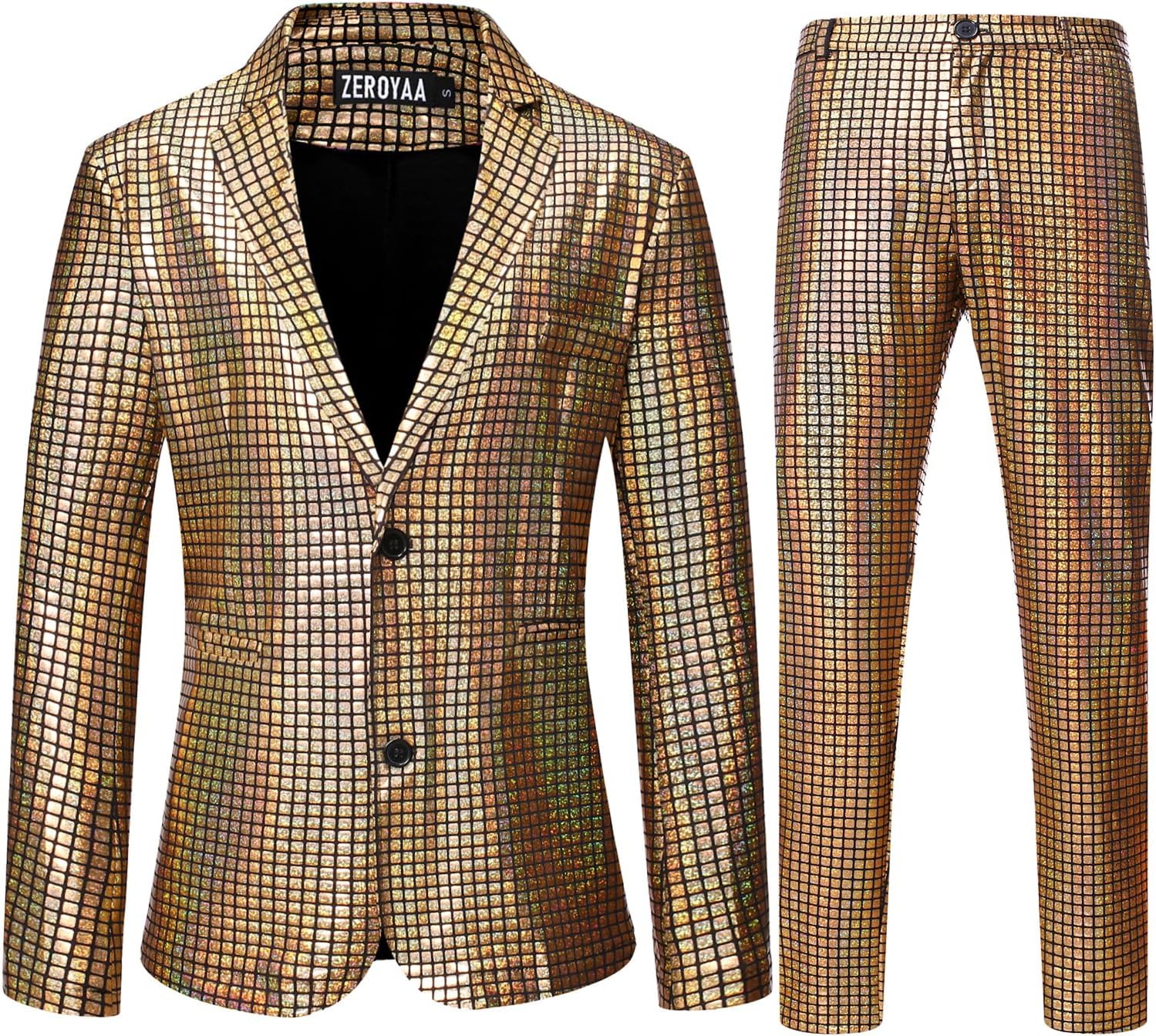 ZEROYAA Men's Metallic Shiny Suits Disco Sequin Blazer and Pants 2 Piece Sets fo...