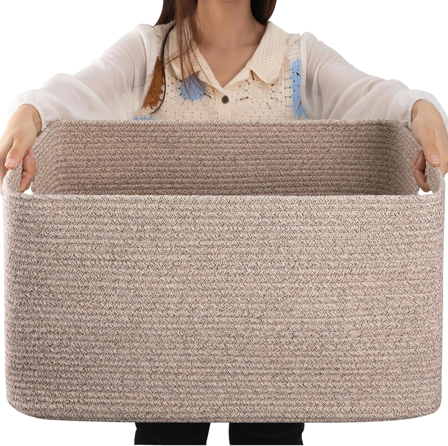 OIAHOMY 75L Large Blanket Basket, Woven Blanket Storage Basket with Handle, Cott...