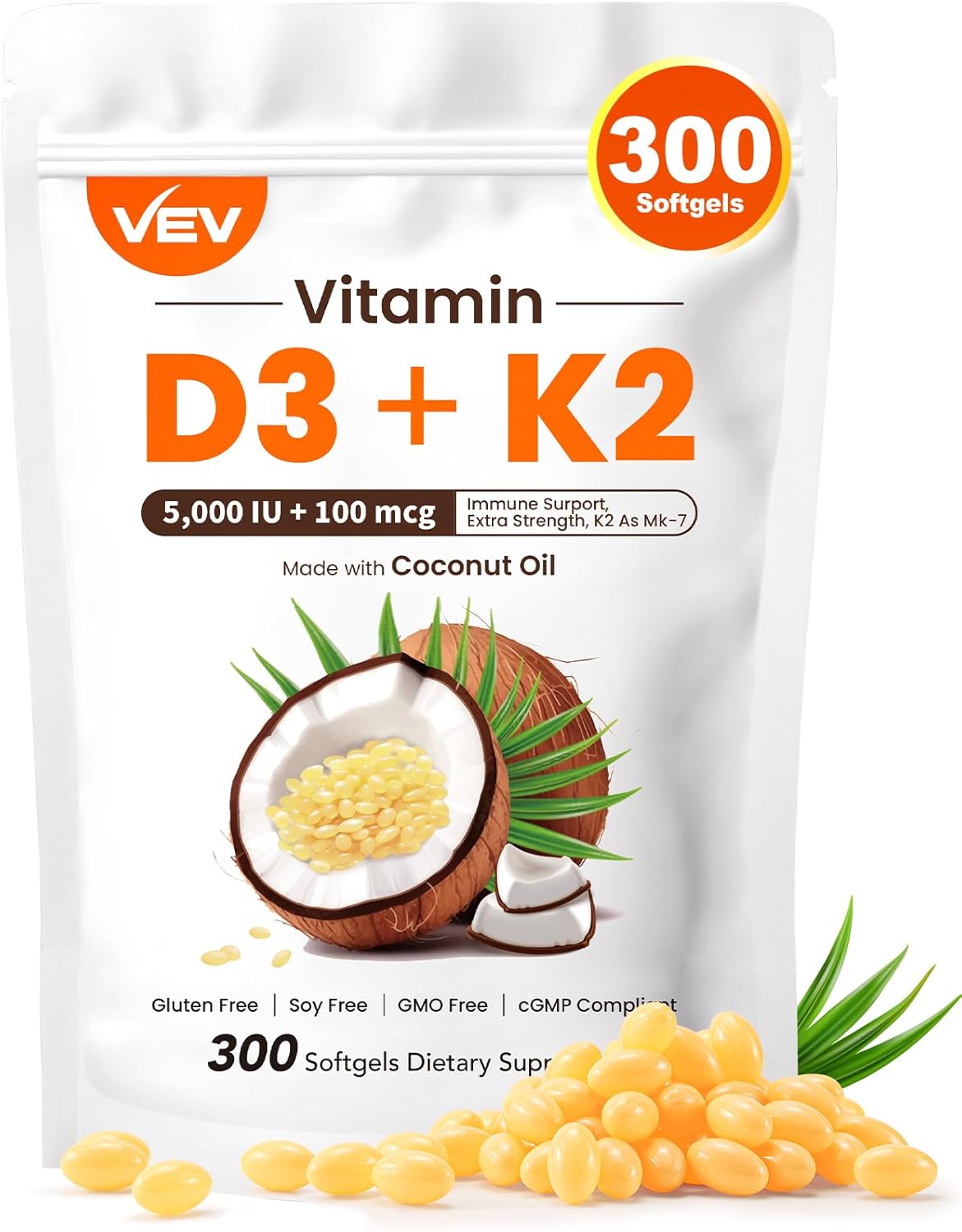 VEV Vitamin D3 K2, 5000 IU D3 100mcg K2 (MK 7), 300 Softgels, 2-in-1 Vitamin D &...