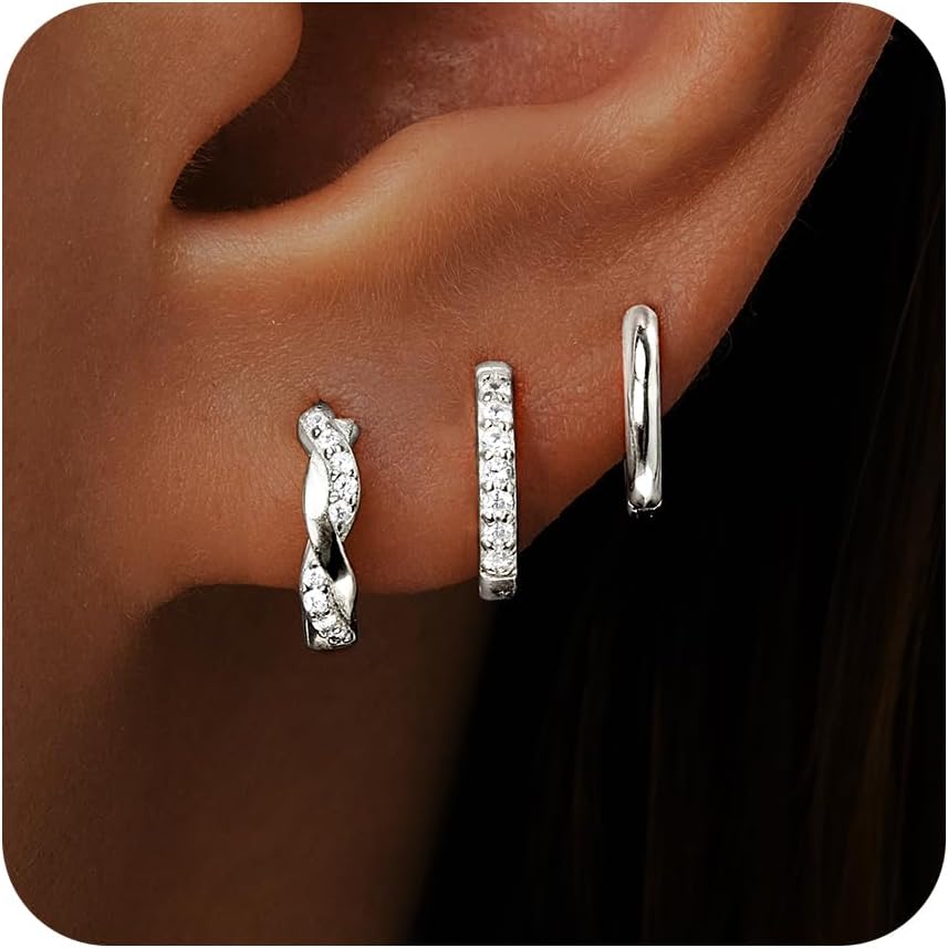 Gold Huggie Hoop Earrings Set for Women, Dainty Small Sterling Silver Earring fo...