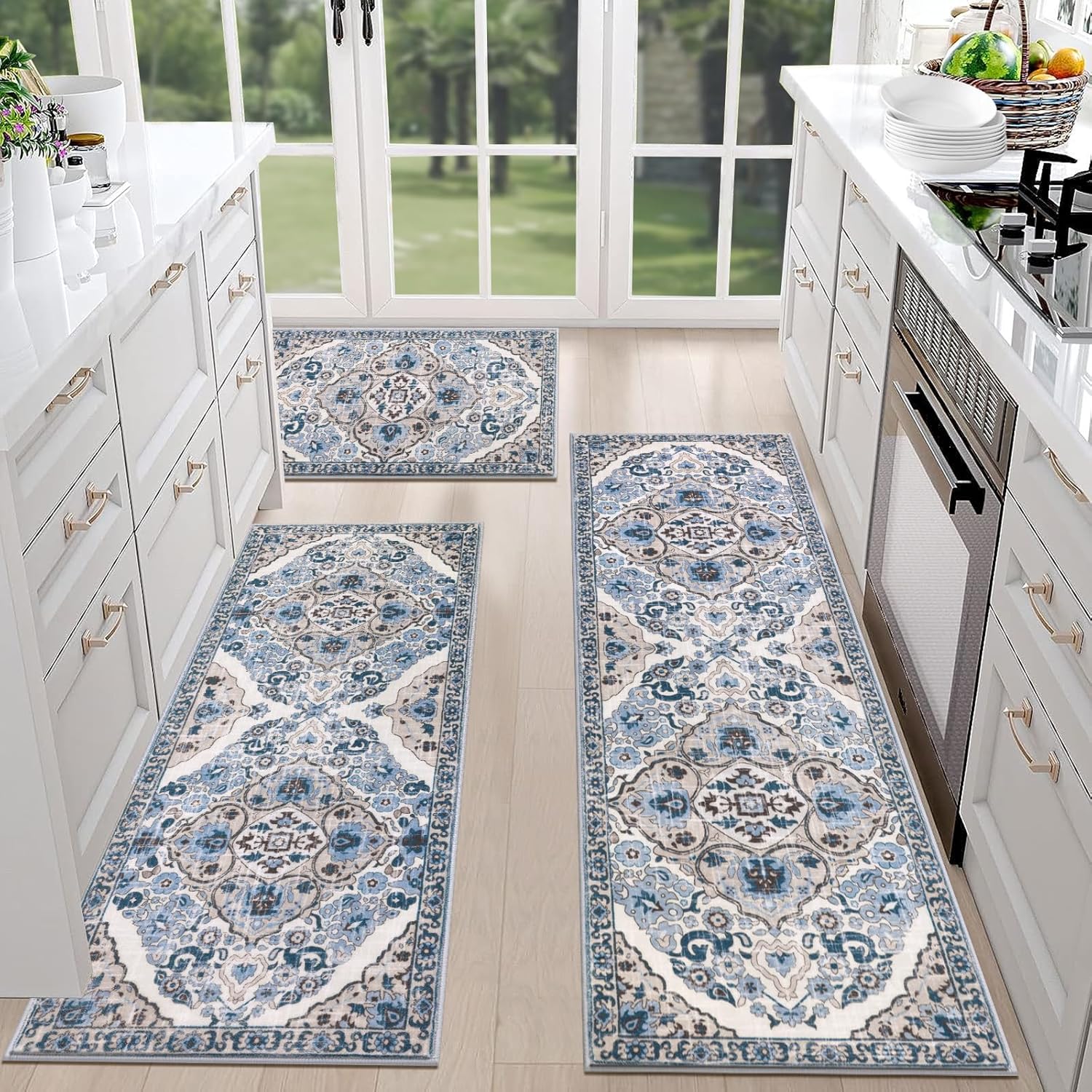 HEBE Farmhouse Kitchen Rugs Sets of 3 Non Slip Washable Boho Kitchen Rugs and Ma...