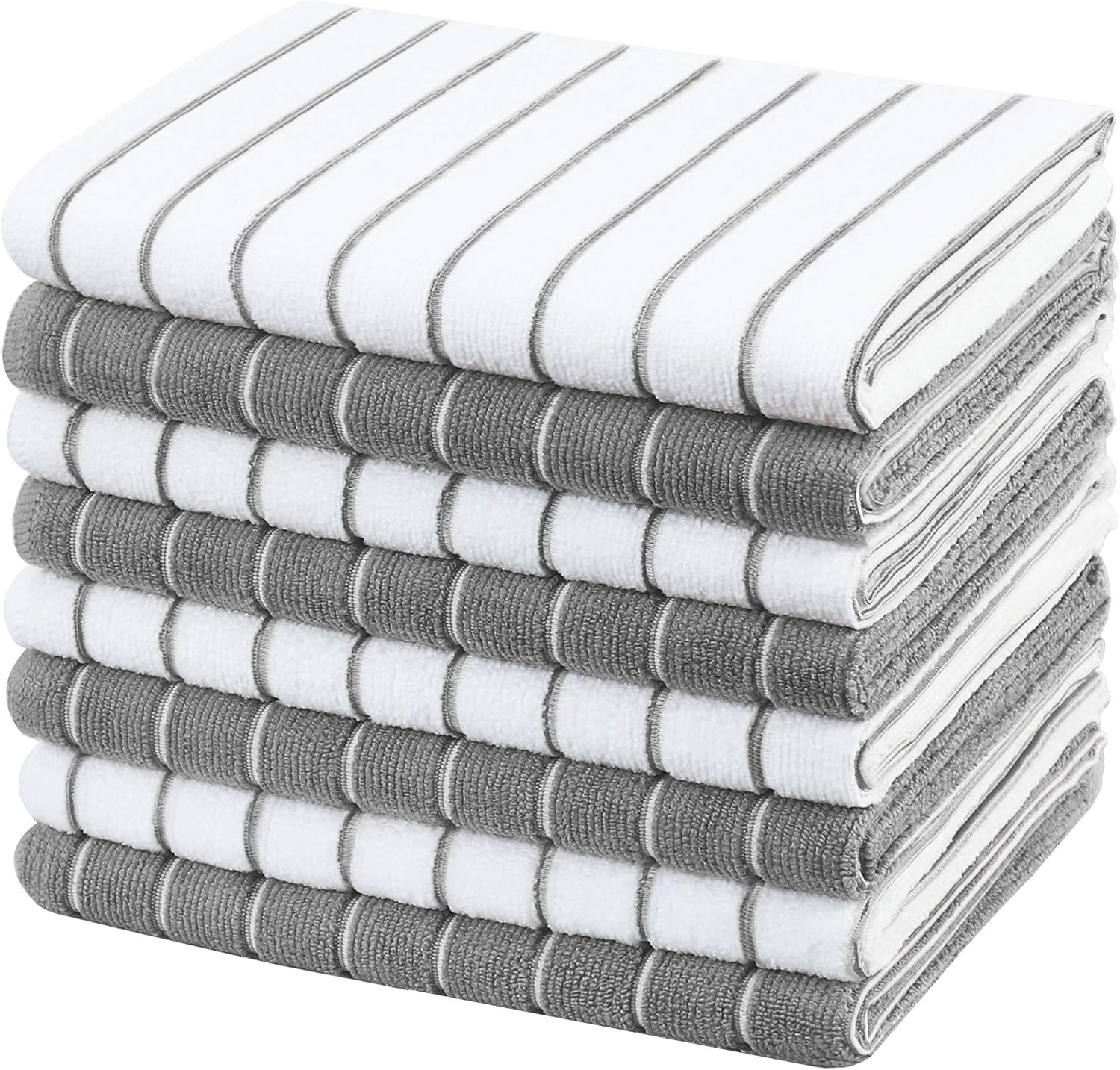 gryeer Microfibre Tea Towels - Pack of 8 (Stripe Designed Grey and White Colours...