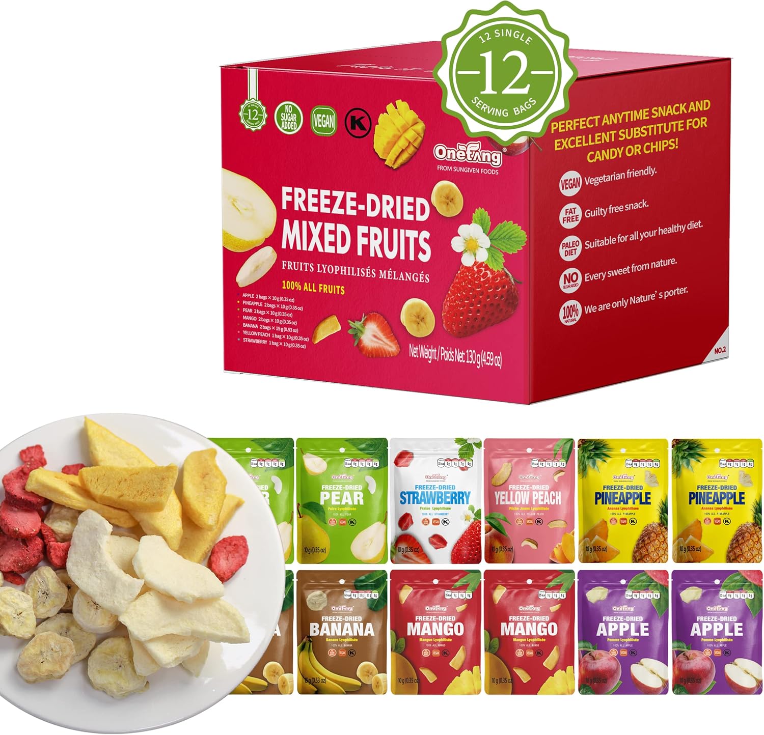 ONETANG Freeze-Dried Mixed Fruit, 12 Pack Single-Serve Pack, Non GMO, Kosher, No...