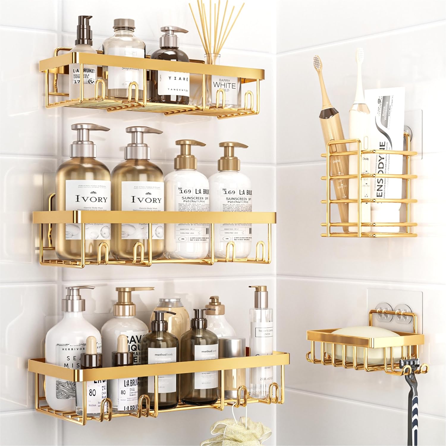 5 Pack Shower Caddy Organizer Rack Shelf for Inside Shower, Self Adhesive Wall S...