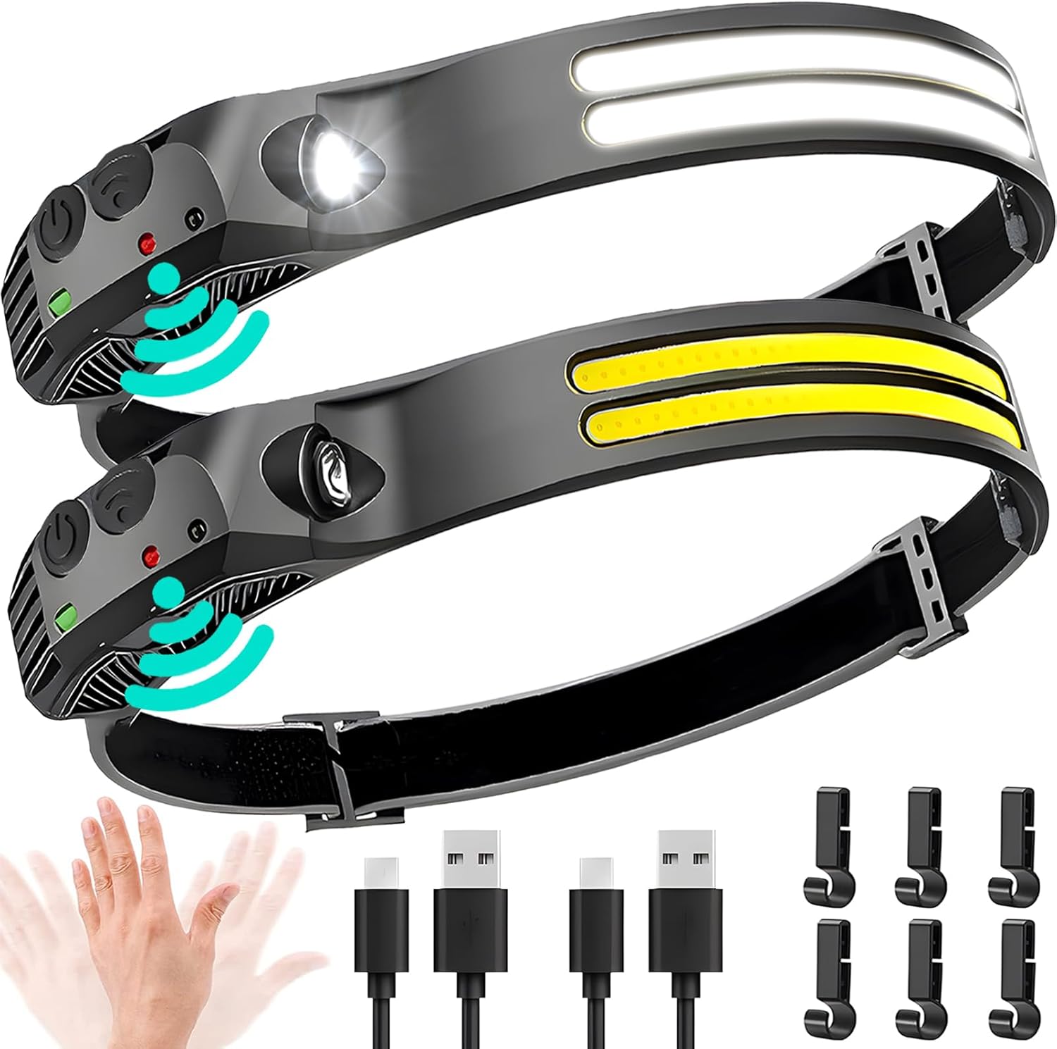 LED Headlamp Rechargeable 2PCS - 230° COB Super Bright Head Lights for Forehead,...