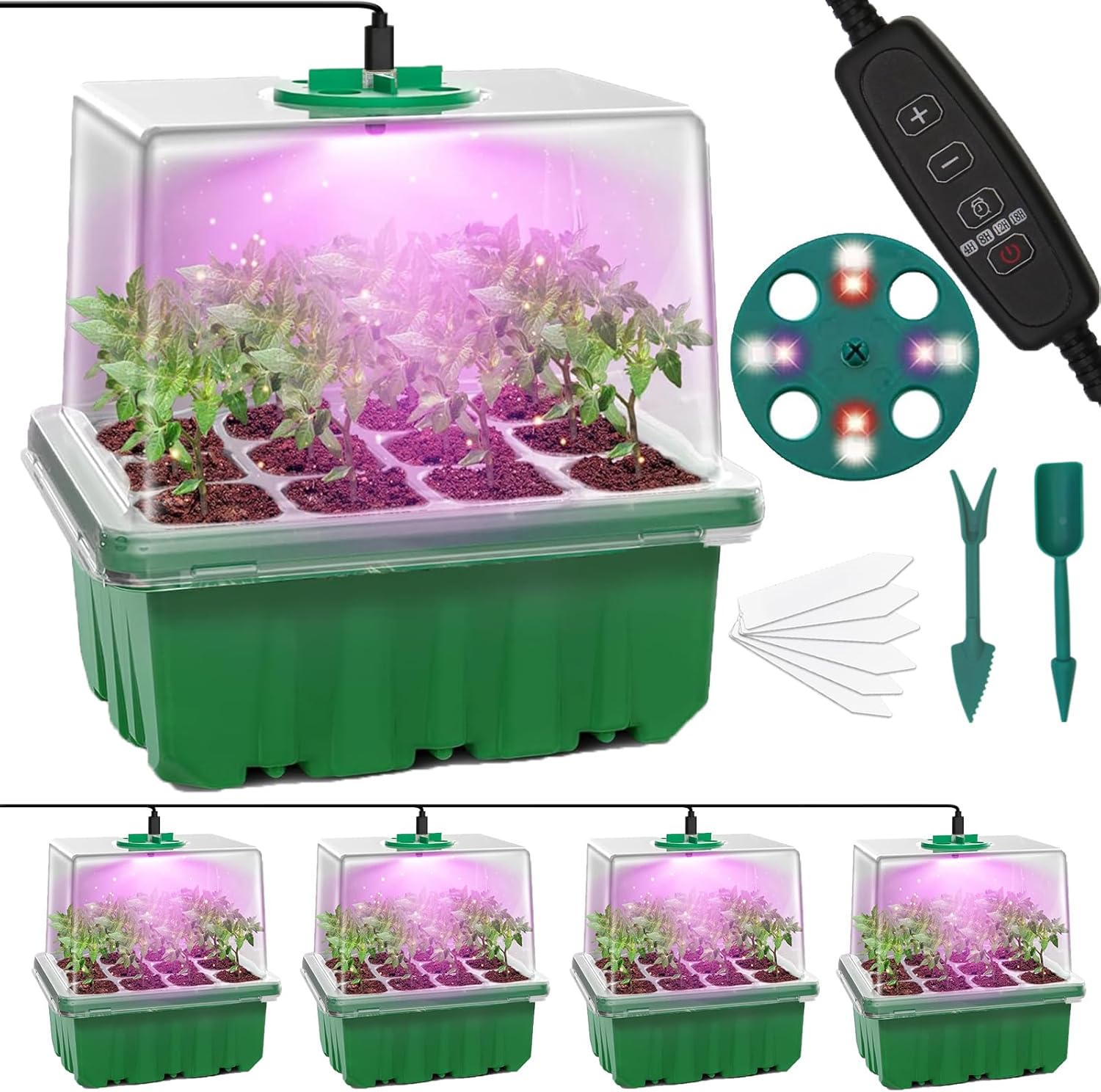 MQFORU Seed Trays with Grow Light, 5 Pack 60 Cells Growing Trays Propagator Grow...