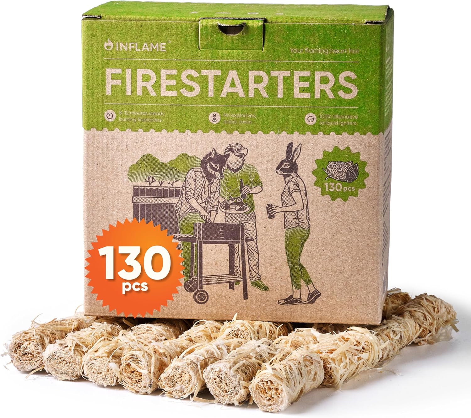 Inflame Fire Starters 130 pcs Fire Starters for Campfires, Grill, BBQ, Fireplace...