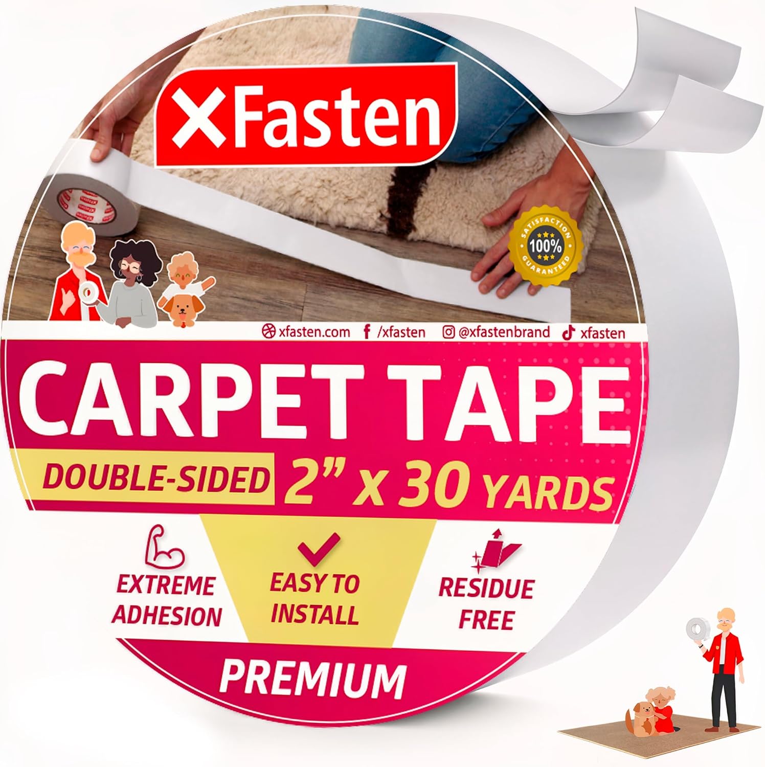 XFasten Double Sided Carpet Tape for Area Rugs 2 Inch x 30 Yards Residue-Free Ca...