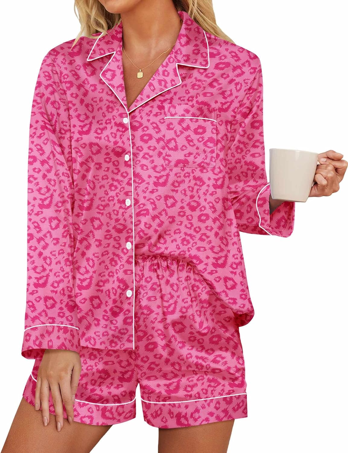 Ekouaer Silk Pajamas for Women Satin Pajama Set Shorts and Top Long Sleeve Silky...