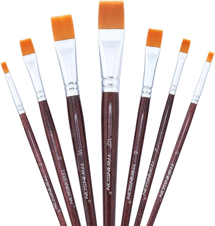 Transon Flat Paint Brush Set 7pcs for Acrylic Watercolor Gouache Oil and Body Pa...