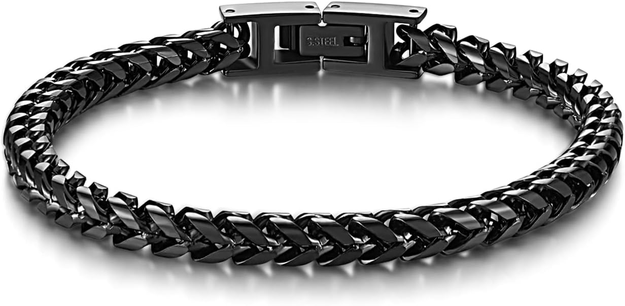 Mens Bracelet - Stainless Steel Fold Over Clasp Franco Chain Bracelets for Men J...