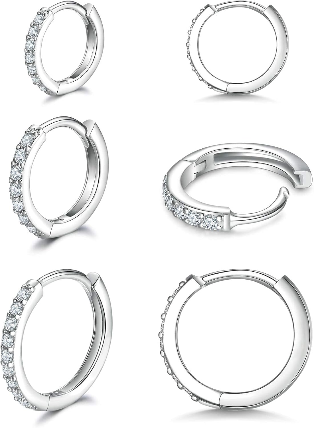 925 Sterling Silver Small Hoop Earrings Cubic Zirconia Huggie Hoop Earrings, 3 P...