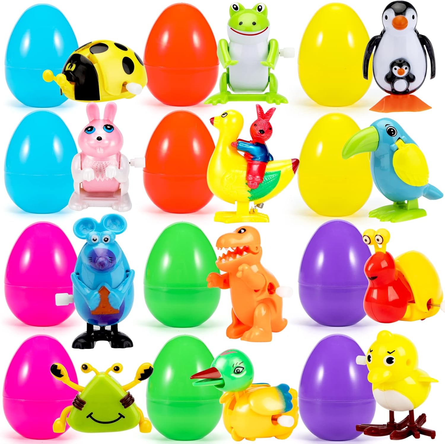12 Pcs Filled Easter Eggs with Assorted Wind-up Toys 4" Plastic Easter Eggs with...