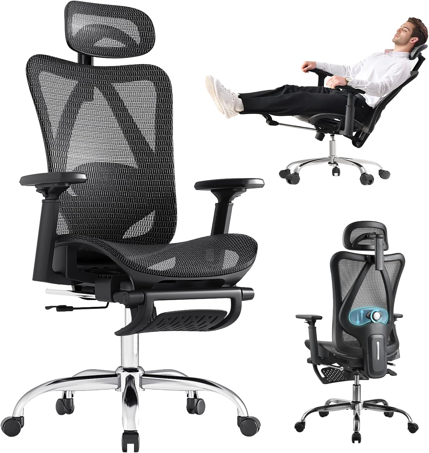Ergonomic Office Chair, 3-Level Tilt Backrest, Breathable Mesh with Adjustable L...