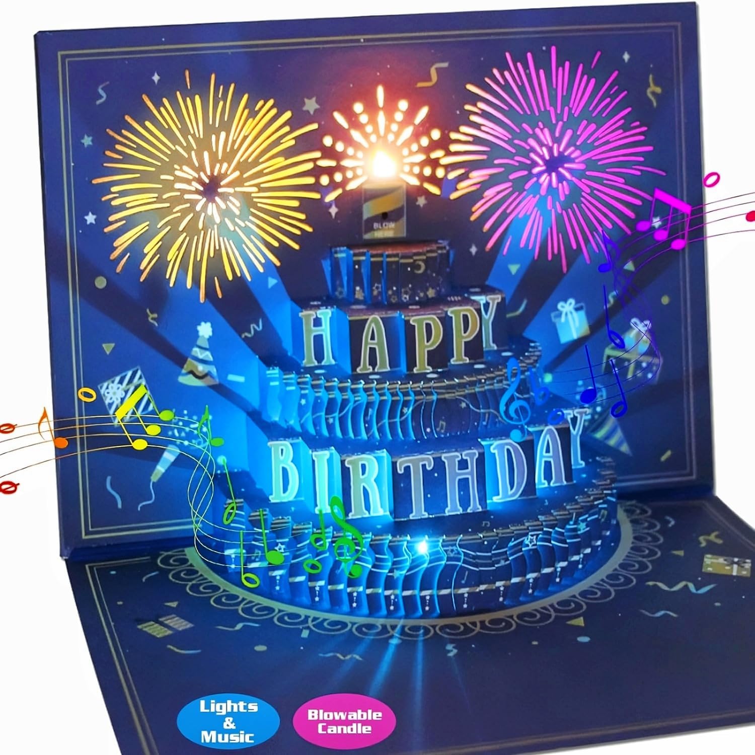 UPGRADED 3D Pop Up Firework Birthday Cards, Musical LED Lights Birthday Cards wi...