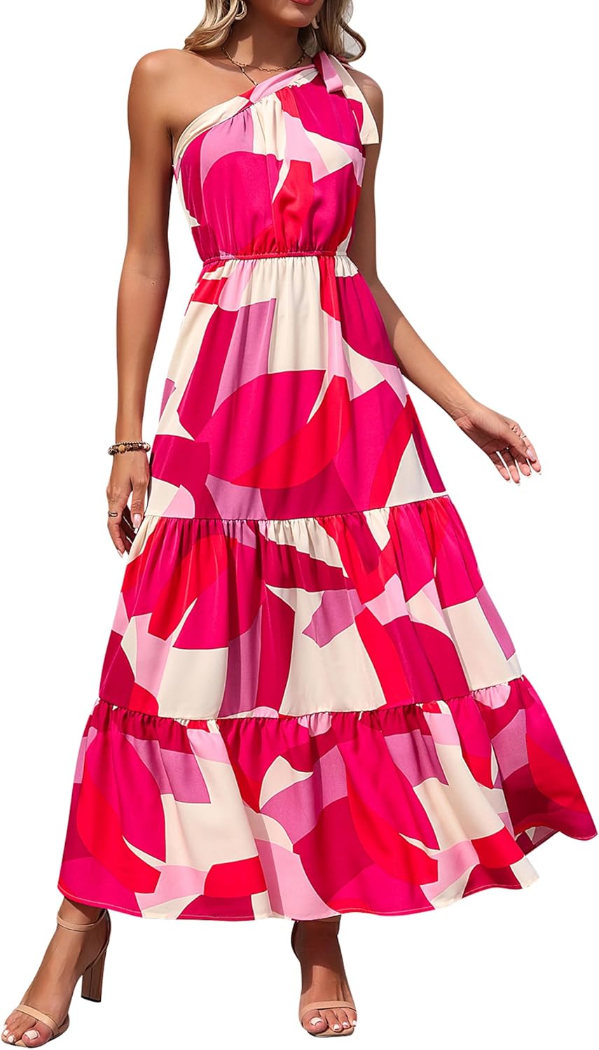 PRETTYGARDEN Women's Summer Floral Maxi Dress Knot One Shoulder Sleeveless Ruffl...