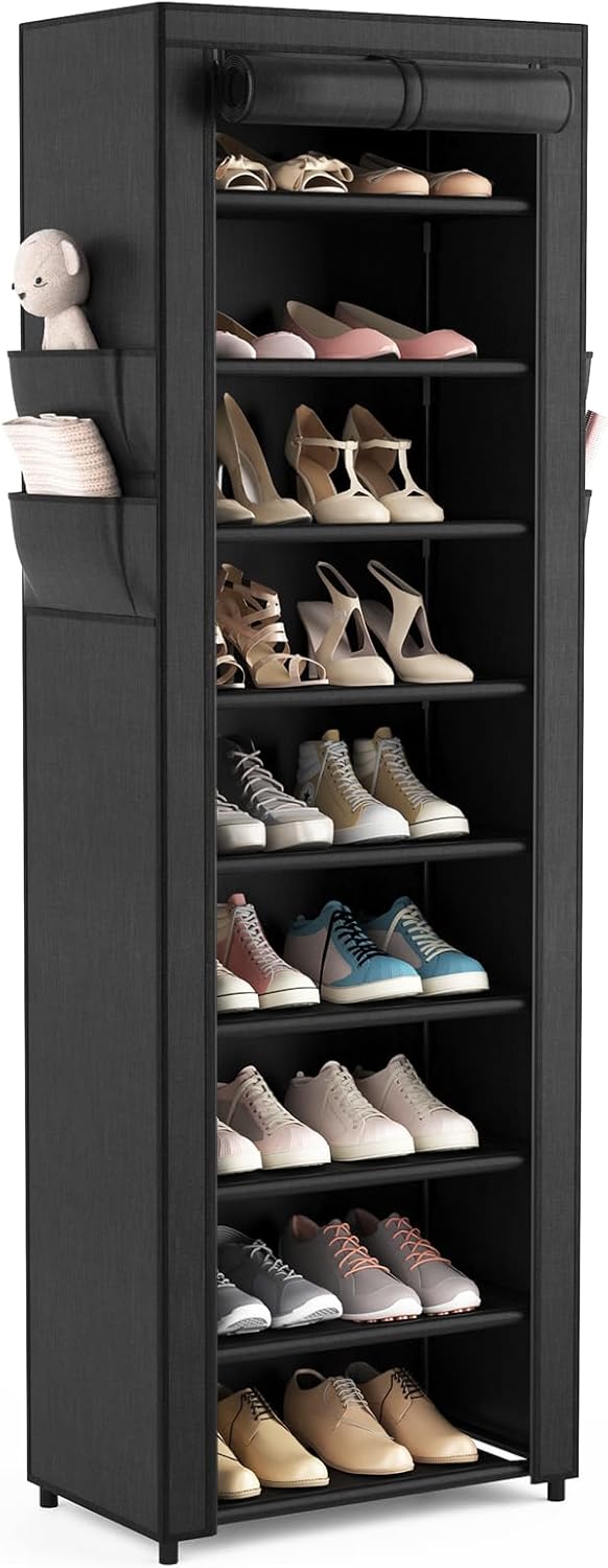Rack with Cover - Narrow Organizer with 4 Side Pockets, 10 Tier Tall Storage She...