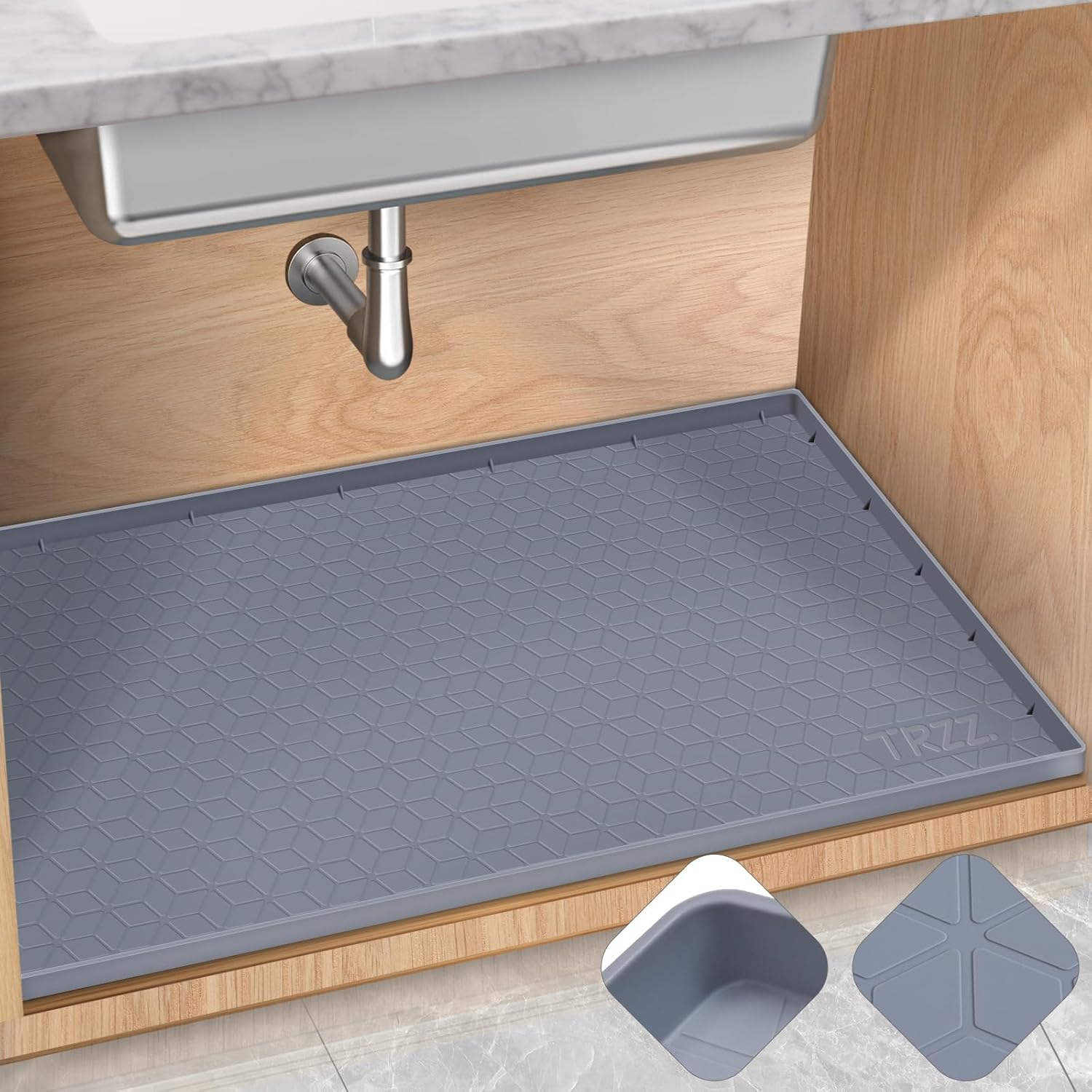 TRZZ Silicone Waterproof Under Sink Mat 34" x 22", Drip Tray and Cabinet Liner f...