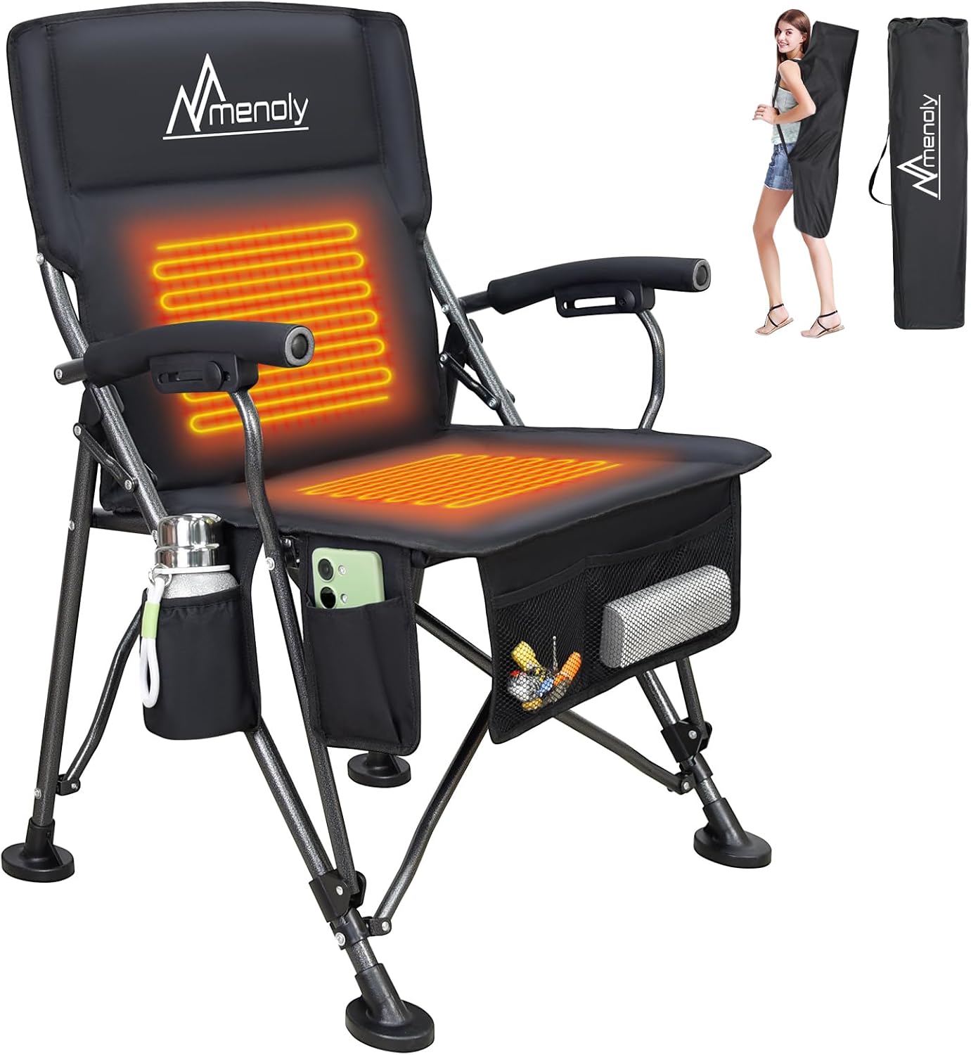 MENOLY Heated Camping Chair, Portable Heated Folding Chair, Heated Seat and Back...