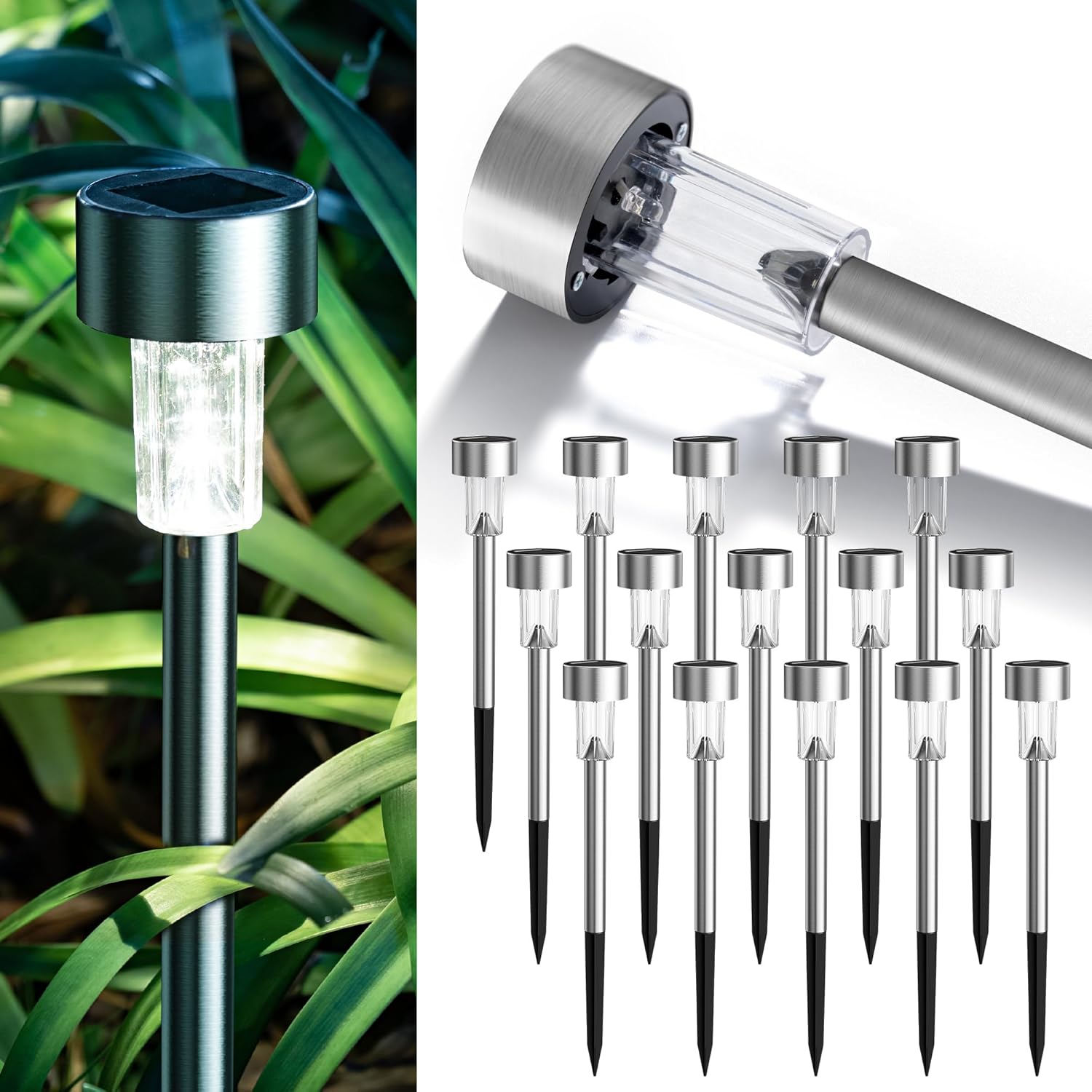GIGALUMI Solar Lights Outdoor Waterproof,16 Pack Stainless Steel LED Solar Garde...