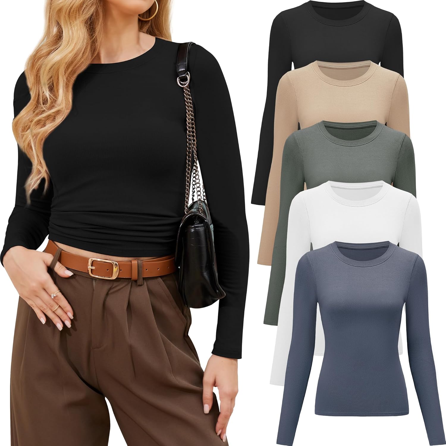 CE' CERDR 3/5 Pack Womens Long Sleeve Shirts Crew Neck Basic Tees Tight Fitted C...