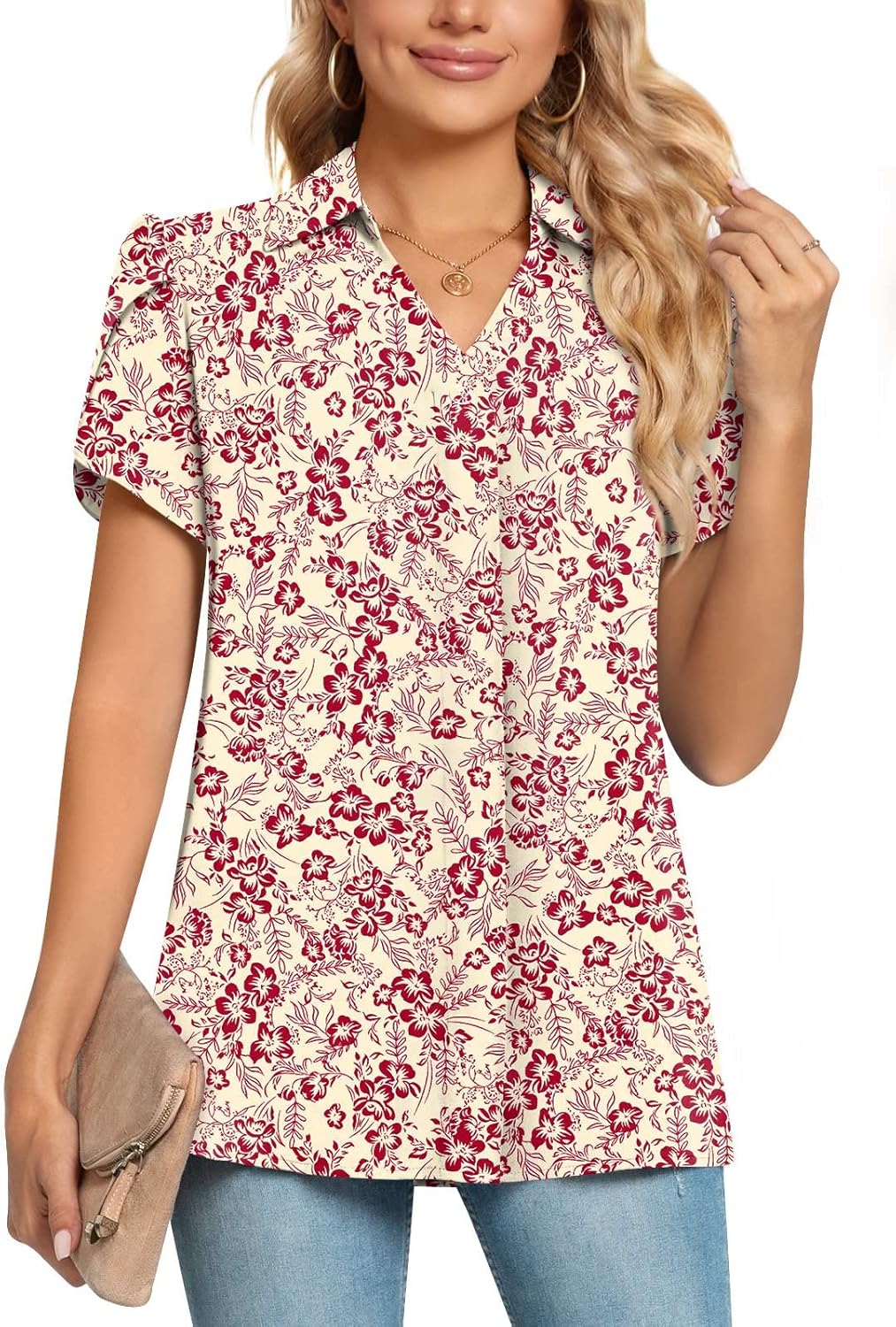 Fashionable POPYOUNG Chiffon Blouse, Unique Ladies Tops with Petal Short Sleeve,...