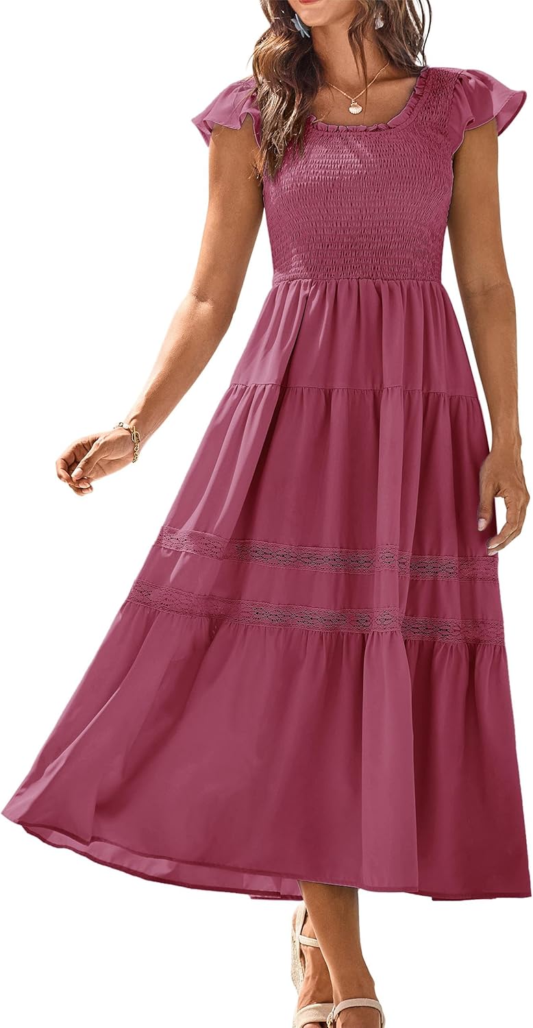 GRACE KARIN Womens Summer Dress Casual 2025 Flutter Sleeve Square Neck Smocked B...