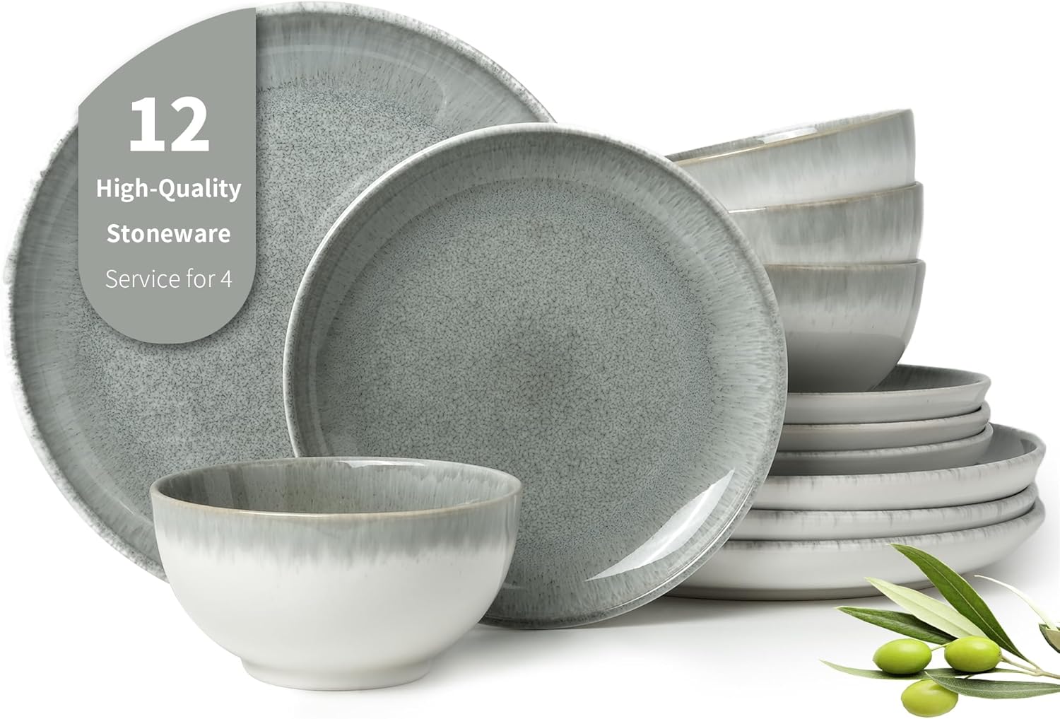 Gradient Green Stoneware Dinnerware Sets, 12 pcs Reactive Glaze Plates and Bowls...