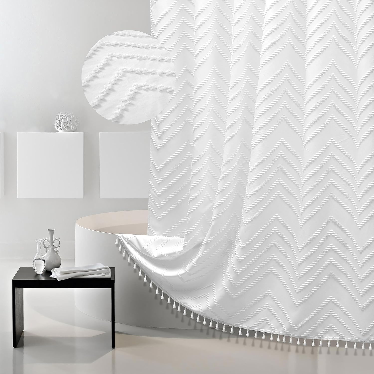Boho Shower Curtain White Tassel Woven Fabric Shower Curtain Modern Farmhouse Te...