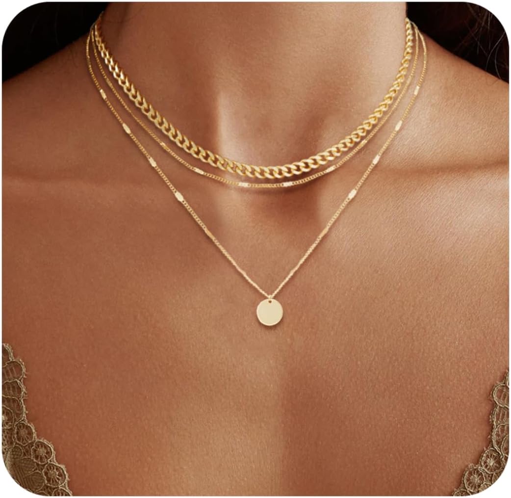 14K Gold Plated Layering Necklaces For Women Gold Necklace Set, Cuban Link, Snak...