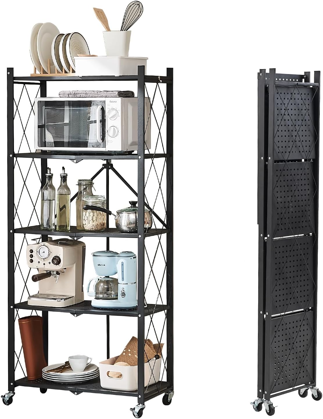 BRIAN & DANY 5-Tier Foldable Storage Shelves with Wheels, Folding Metal Rack She...