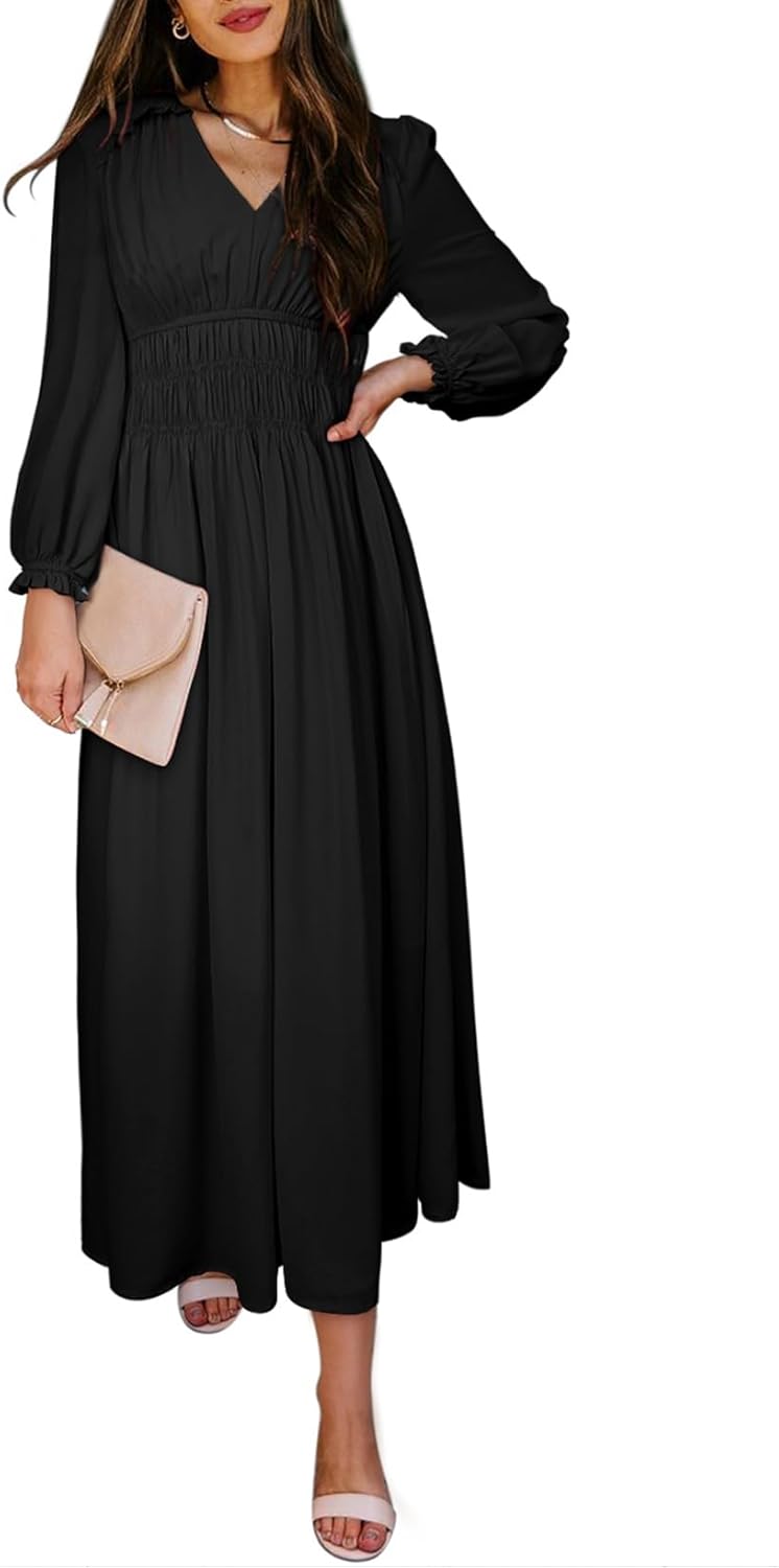 BLENCOT Womens Casual Boho Deep V Neck Short Sleeve Long Dress S2 Black X-Large